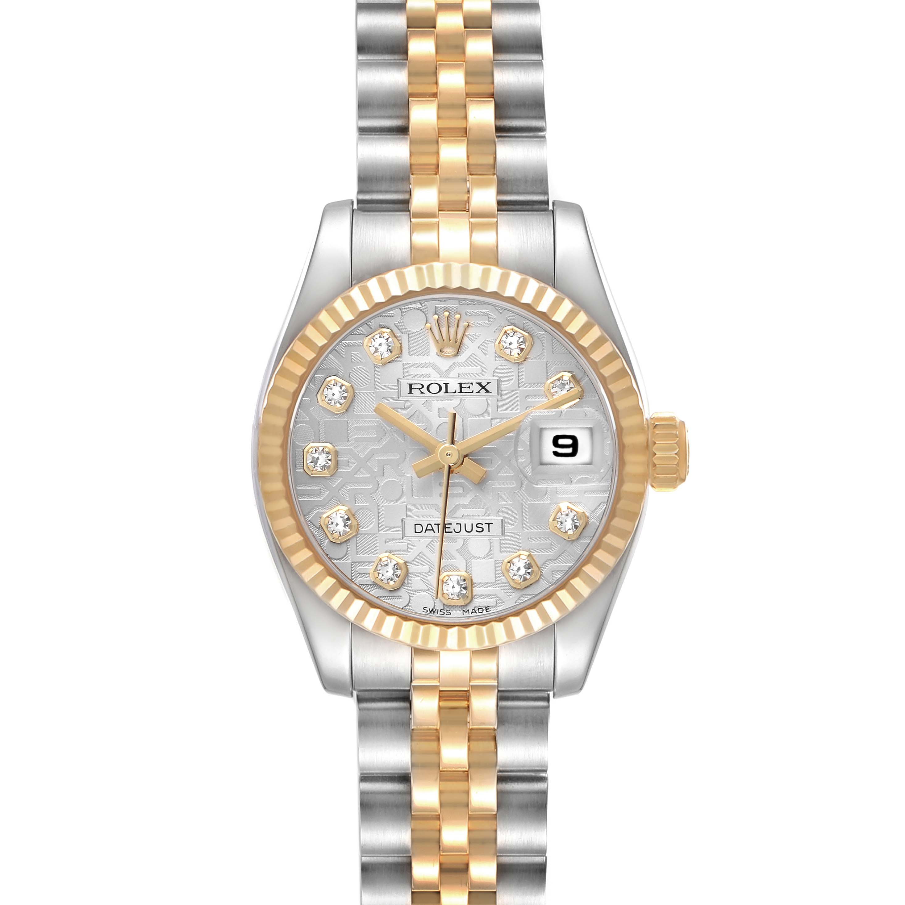 The Rolex Datejust 179173 Women's Steel and Gold (two tone) White Dial 179173 Women's Steel and Gold (two tone) White Dial watch is shown from a front view, highlighting its dial, fluted bezel, and two-tone bracelet.
