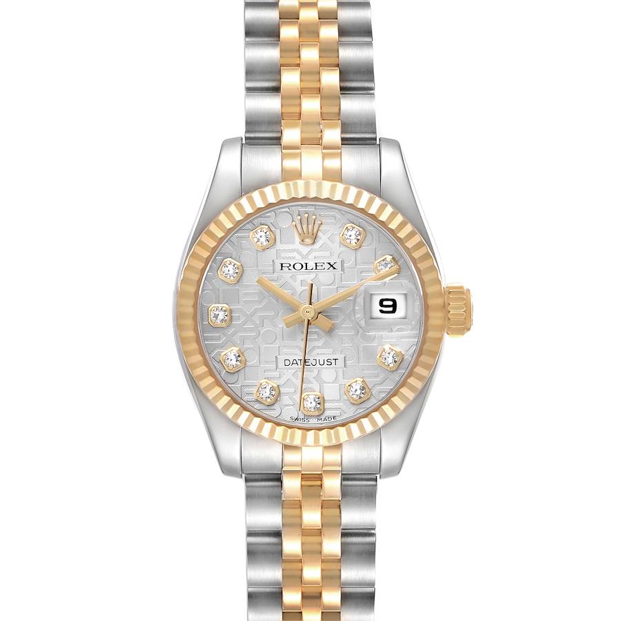 The Rolex Datejust watch is shown from a front view, highlighting its dial, fluted bezel, and two-tone bracelet.