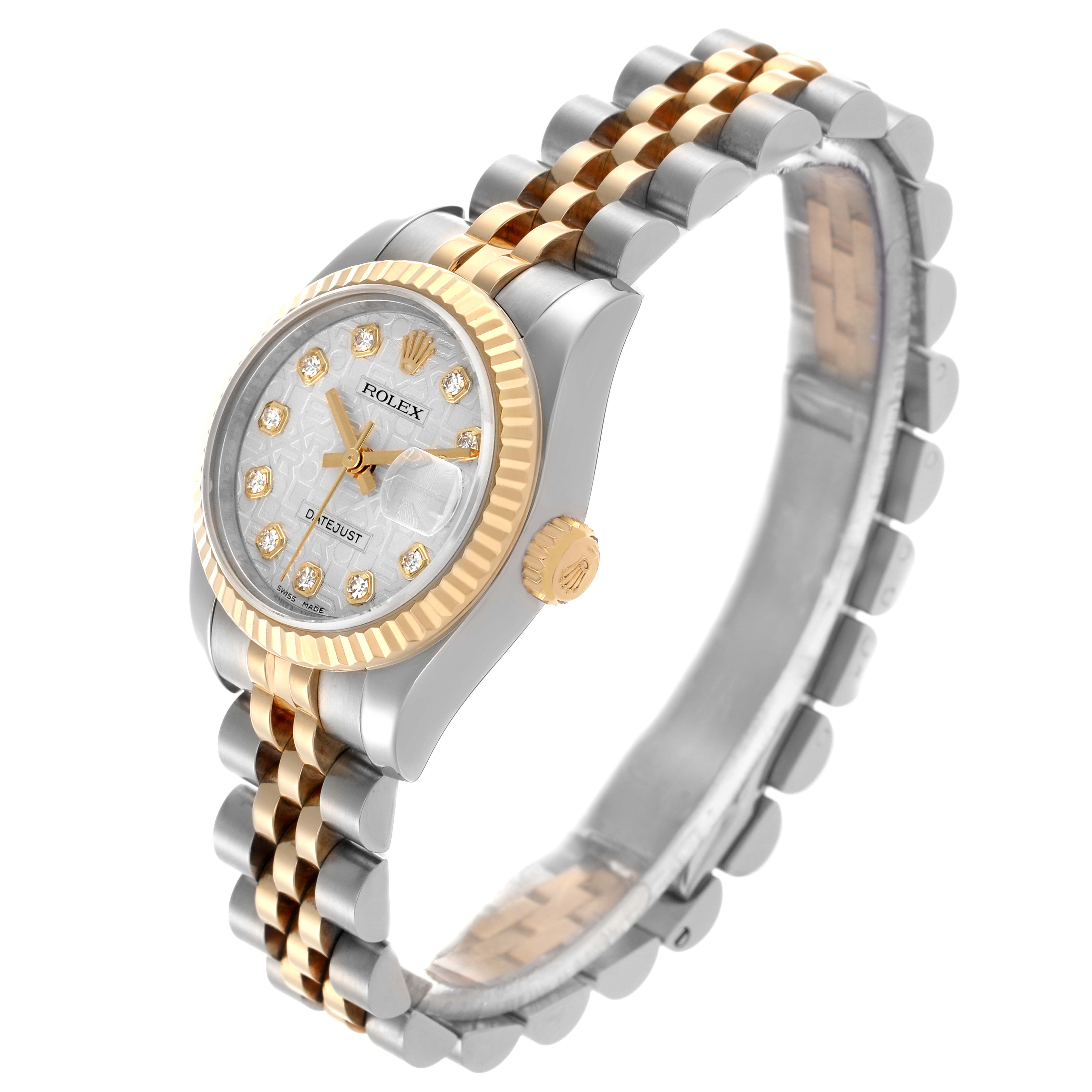 The Rolex Datejust 179173 Women's Steel and Gold (two tone) White Dial 179173 Women's Steel and Gold (two tone) White Dial watch is shown at a three-quarter angle, highlighting the dial, bezel, and bracelet.