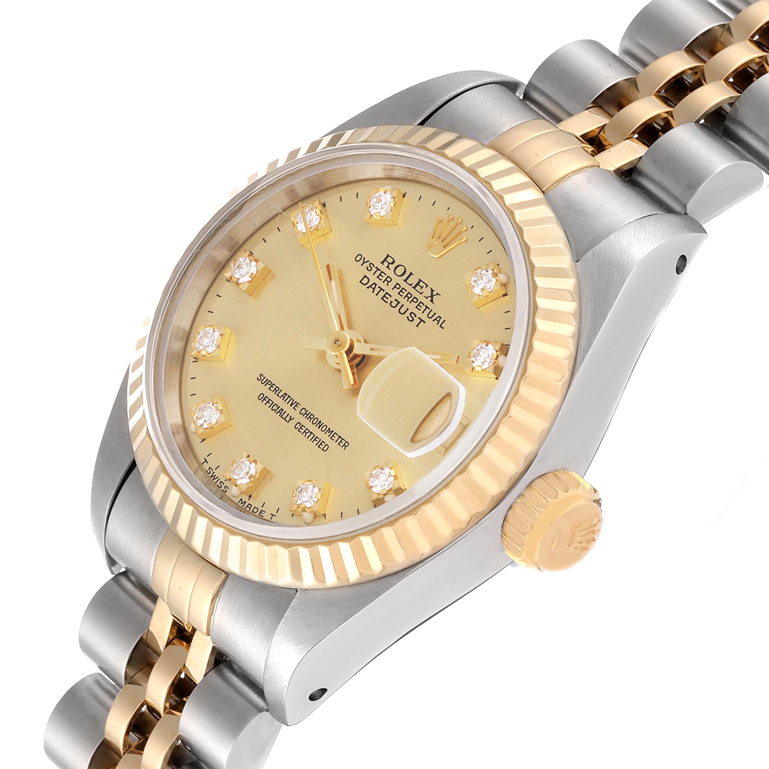 This image shows a close-up angle of the Rolex Datejust 69173G Women's Steel and Gold (two tone) Champagne Dial 69173G Women's Steel and Gold (two tone) Champagne Dial model, highlighting the dial, bezel, crown, and part of the two-tone bracelet.
