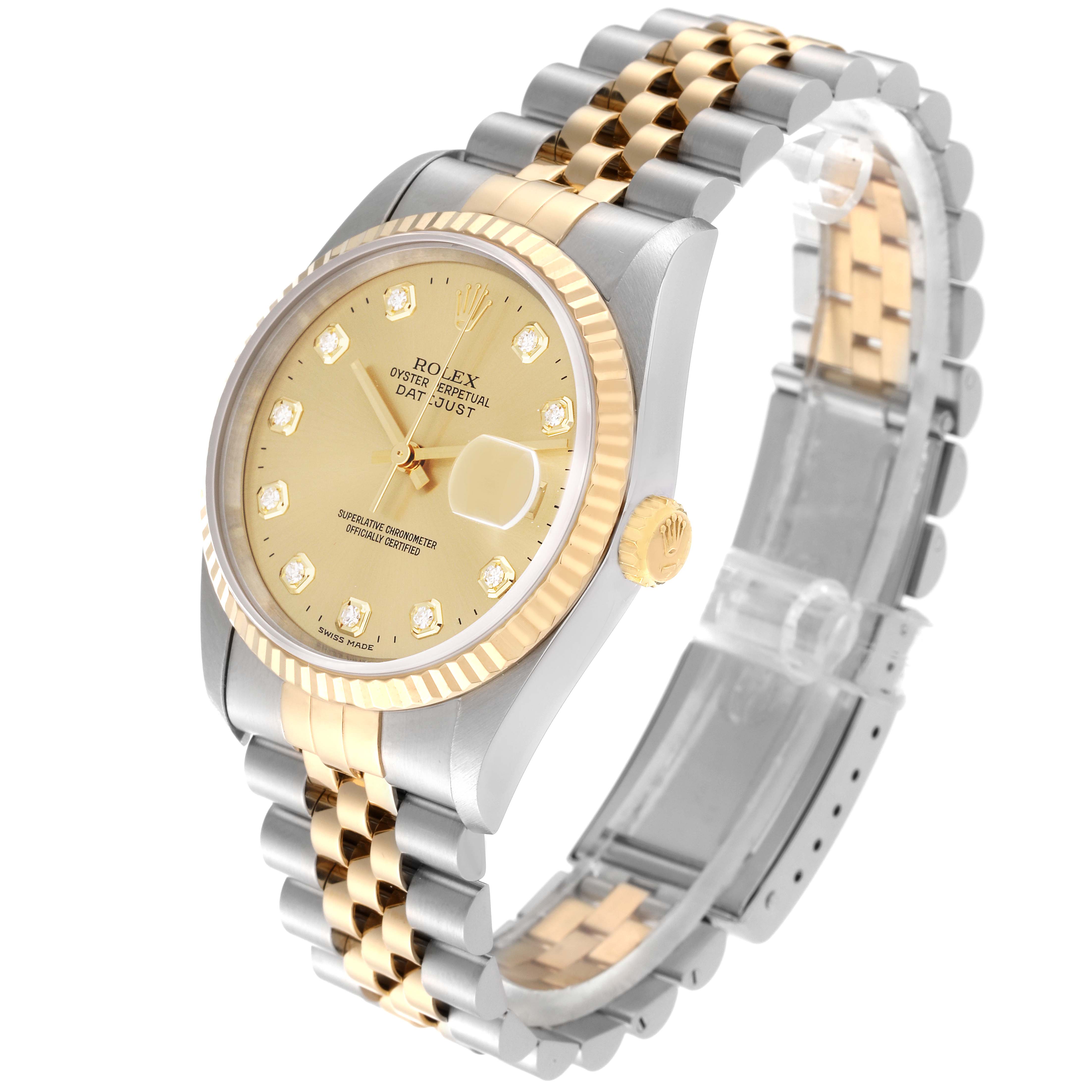 The Rolex Datejust 16233 Men's Steel and Gold (two tone) Champagne Dial 16233 Men's Steel and Gold (two tone) Champagne Dial watch is shown at an angled view highlighting its bezel, dial, hands, markers, crown, and bracelet.