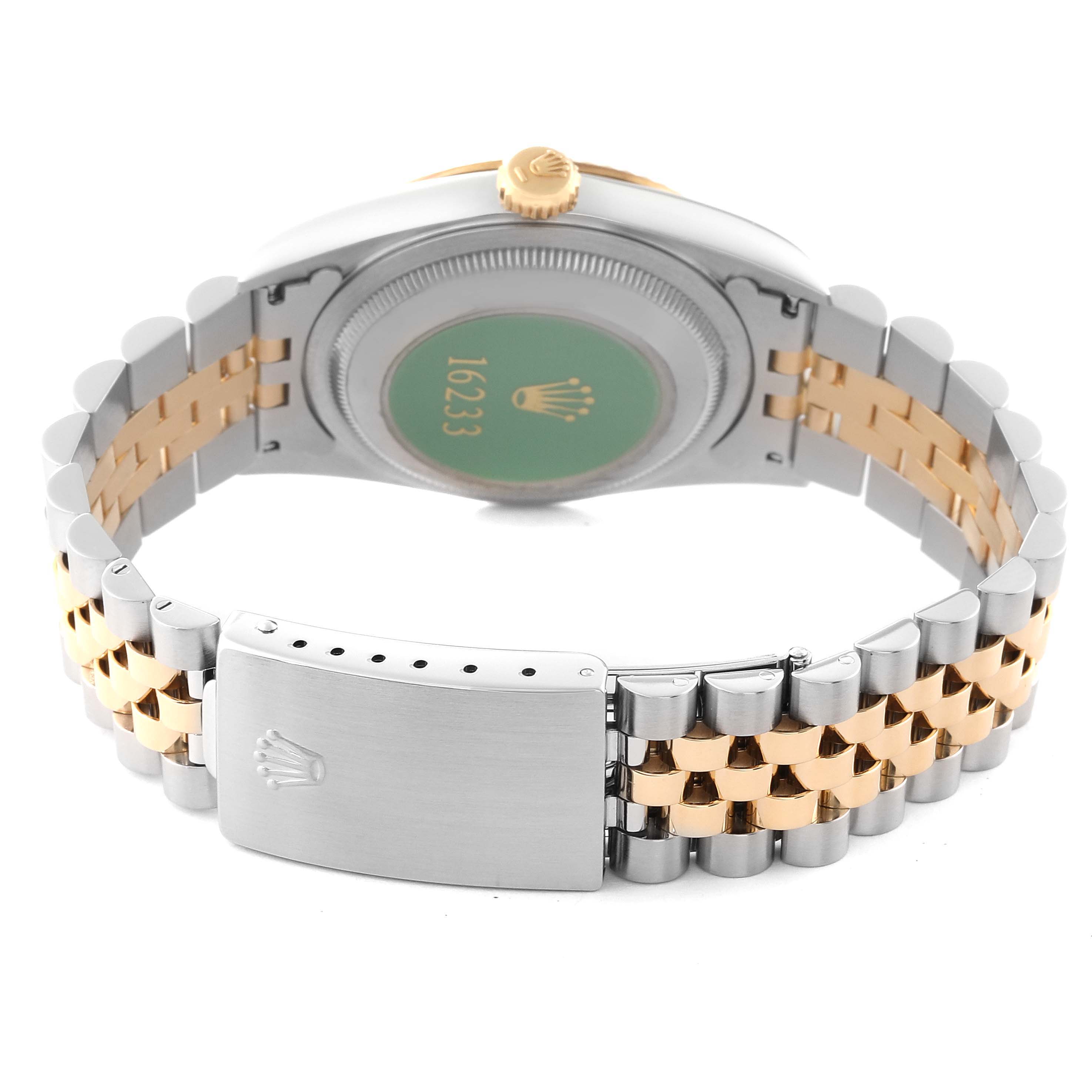 The image shows the back and bracelet of a Rolex Datejust 16233 Men's Steel and Gold (two tone) Champagne Dial 16233 Men's Steel and Gold (two tone) Champagne Dial watch, focusing on the clasp and caseback.