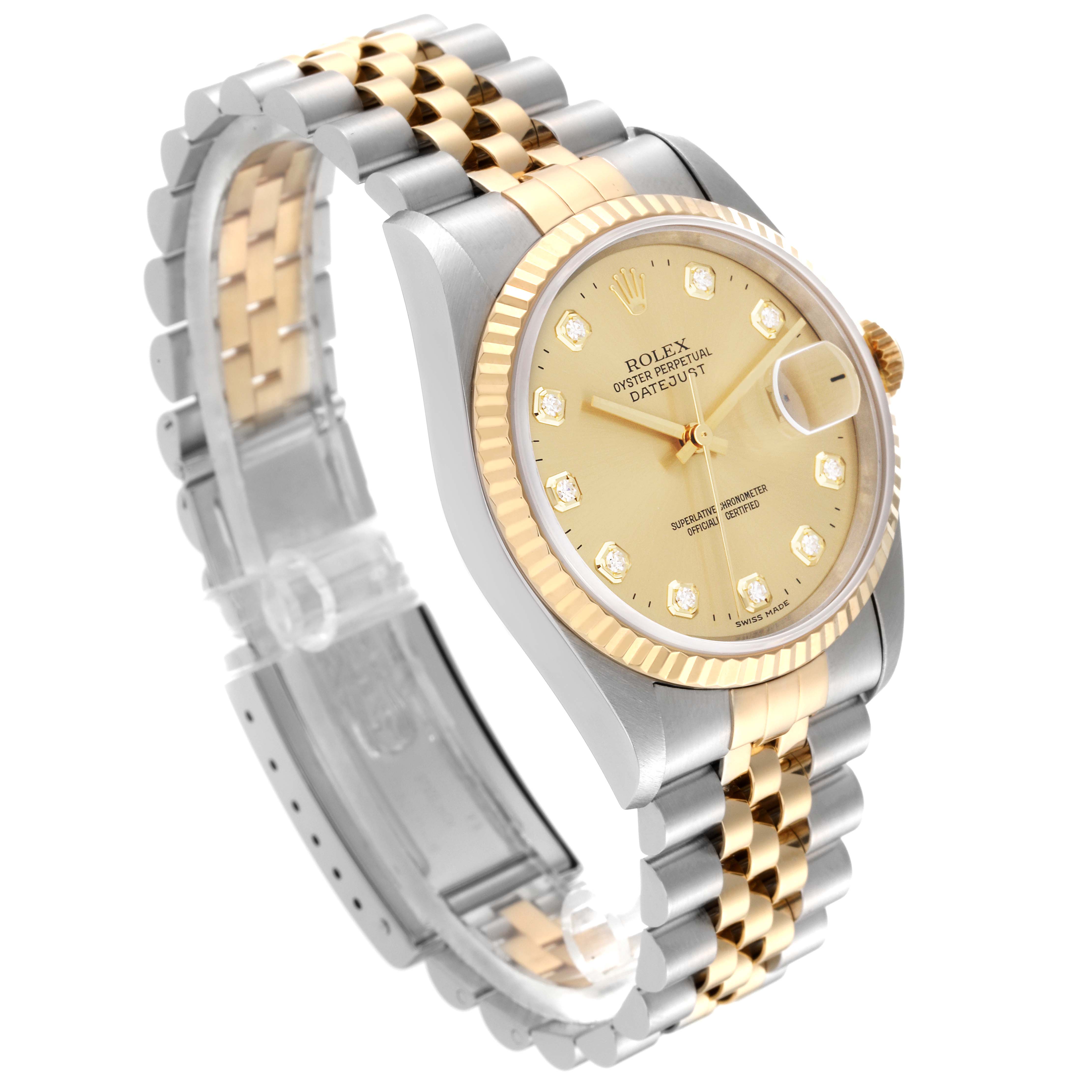 This Rolex Datejust 16233 Men's Steel and Gold (two tone) Champagne Dial 16233 Men's Steel and Gold (two tone) Champagne Dial model watch is shown at a slightly tilted angle, displaying its gold and silver bracelet, face, and fluted bezel.