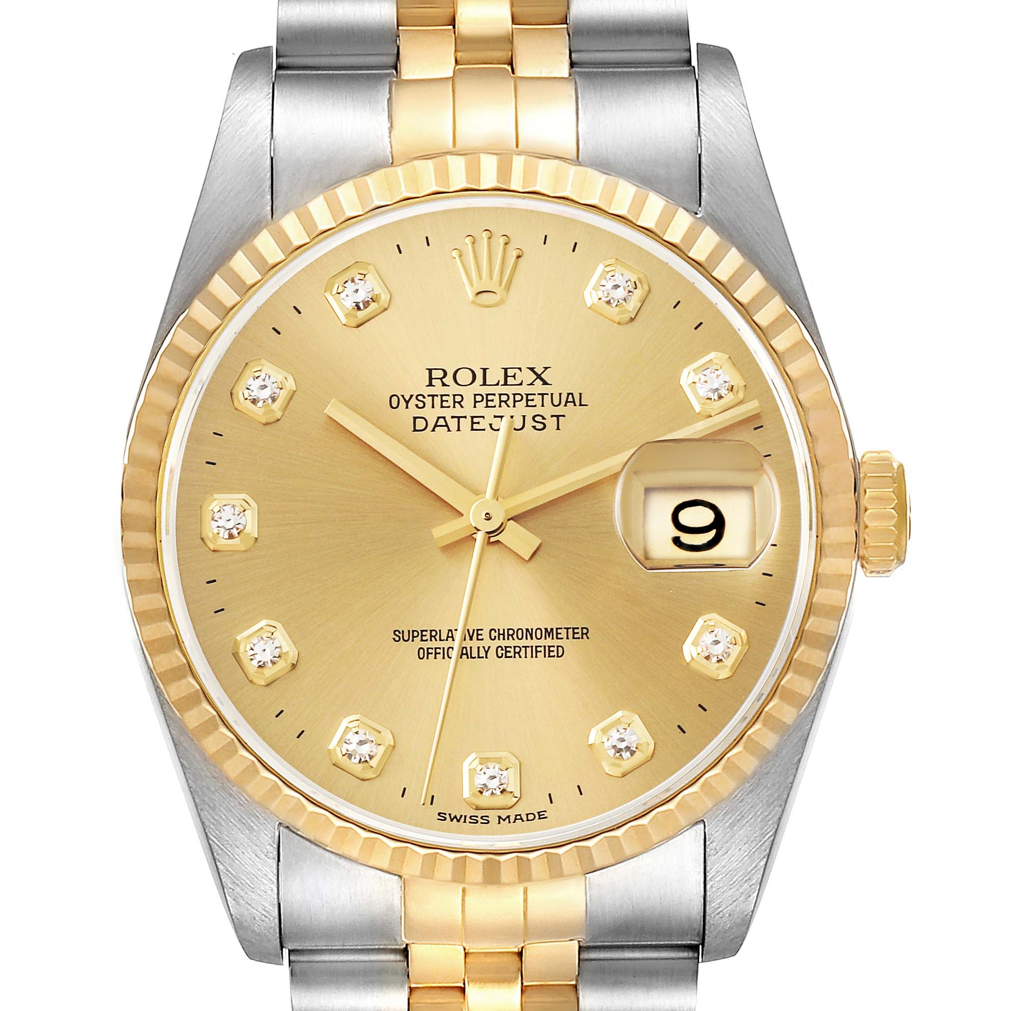 The image shows a front view of the Rolex Datejust 16233 Men's Steel and Gold (two tone) Champagne Dial 16233 Men's Steel and Gold (two tone) Champagne Dial watch, displaying the face, bezel, crown, and part of the bracelet.
