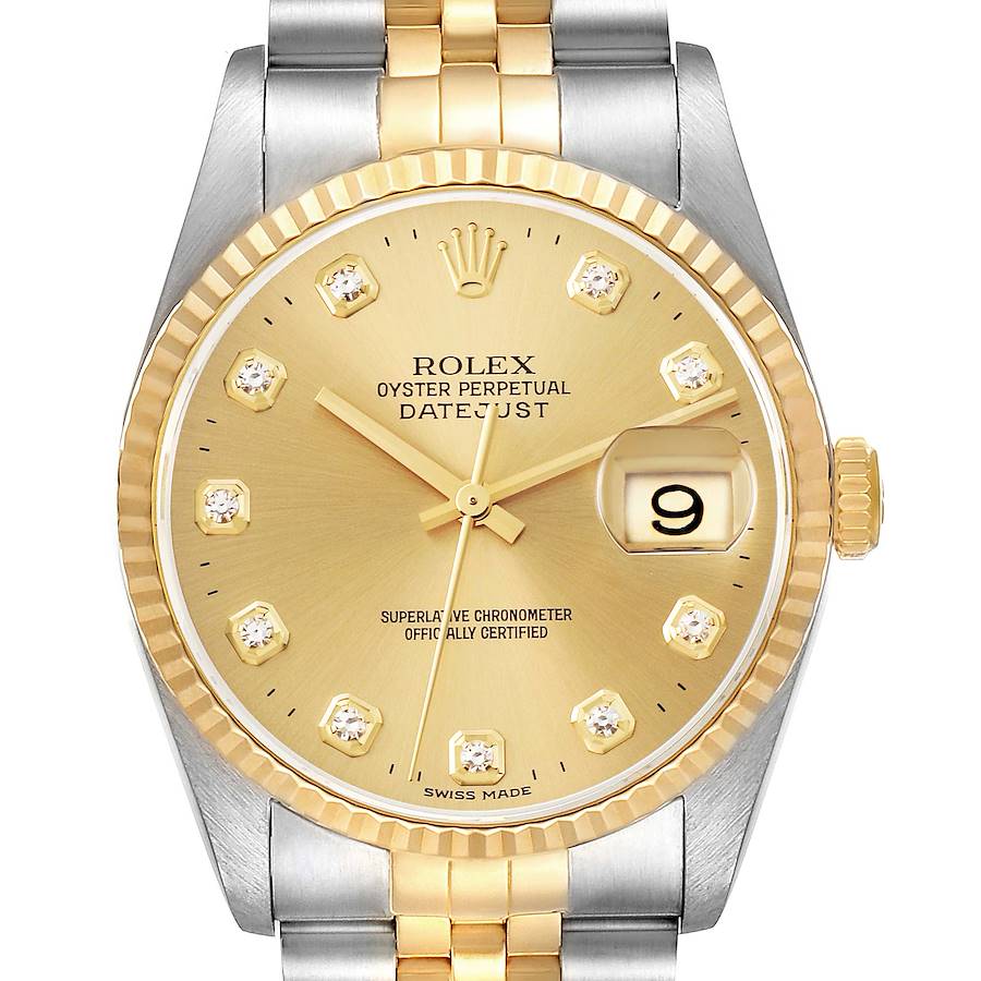 Rolex Datejust Diamond Dial Steel Yellow Gold Mens Watch 16233 Papers SwissWatchExpo