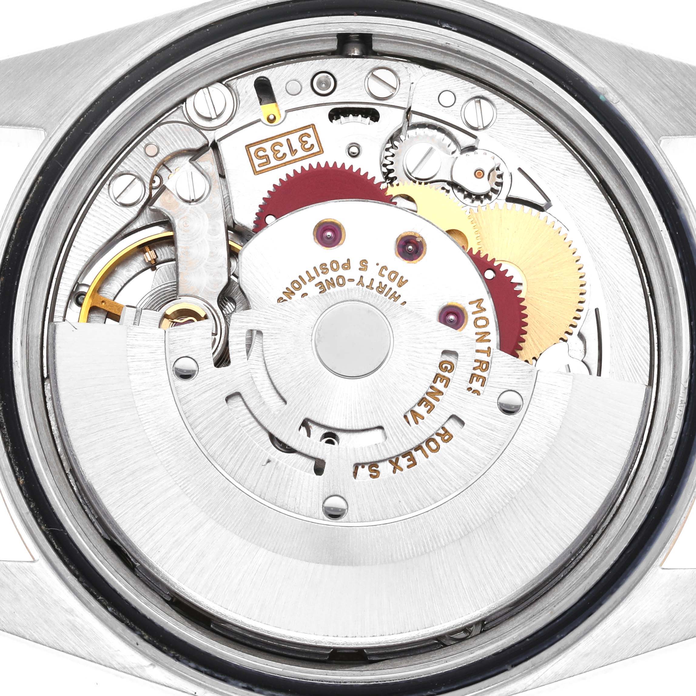 This is a close-up view of the internal mechanism of the Rolex Datejust 16233 Men's Steel and Gold (two tone) Champagne Dial 16233 Men's Steel and Gold (two tone) Champagne Dial watch.