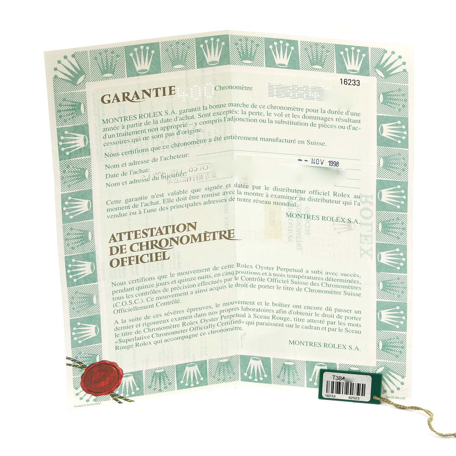 The image shows the warranty and official chronometer certification papers for a Rolex Datejust 16233 Men's Steel and Gold (two tone) Champagne Dial 16233 Men's Steel and Gold (two tone) Champagne Dial watch.