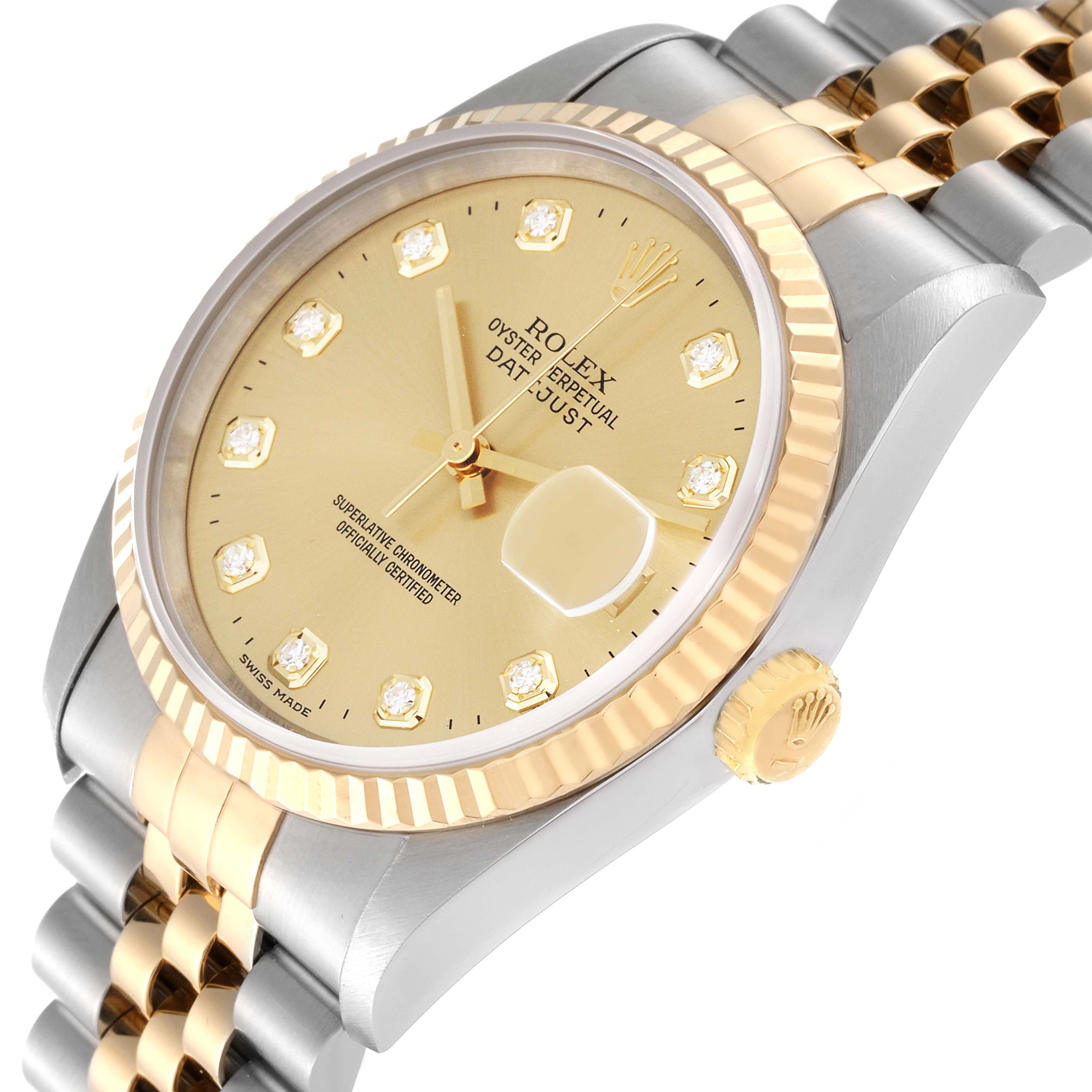 This image shows a Rolex Datejust 16233 Men's Steel and Gold (two tone) Champagne Dial 16233 Men's Steel and Gold (two tone) Champagne Dial watch at an angled close-up, highlighting its dial, bezel, and two-tone bracelet.