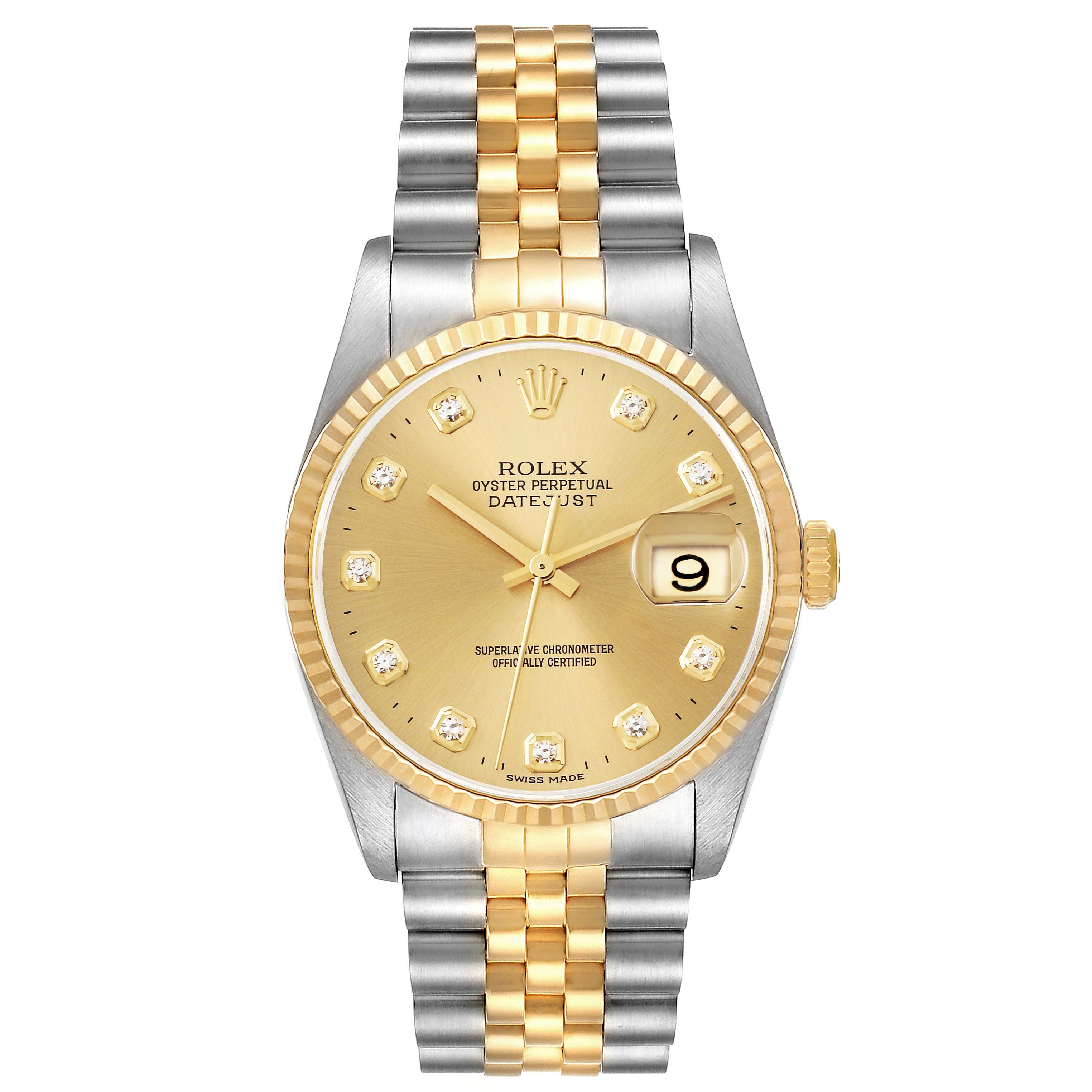 The image shows a front view of a Rolex Datejust 16233 Men's Steel and Gold (two tone) Champagne Dial 16233 Men's Steel and Gold (two tone) Champagne Dial watch, displaying the dial, bezel, and two-tone bracelet.