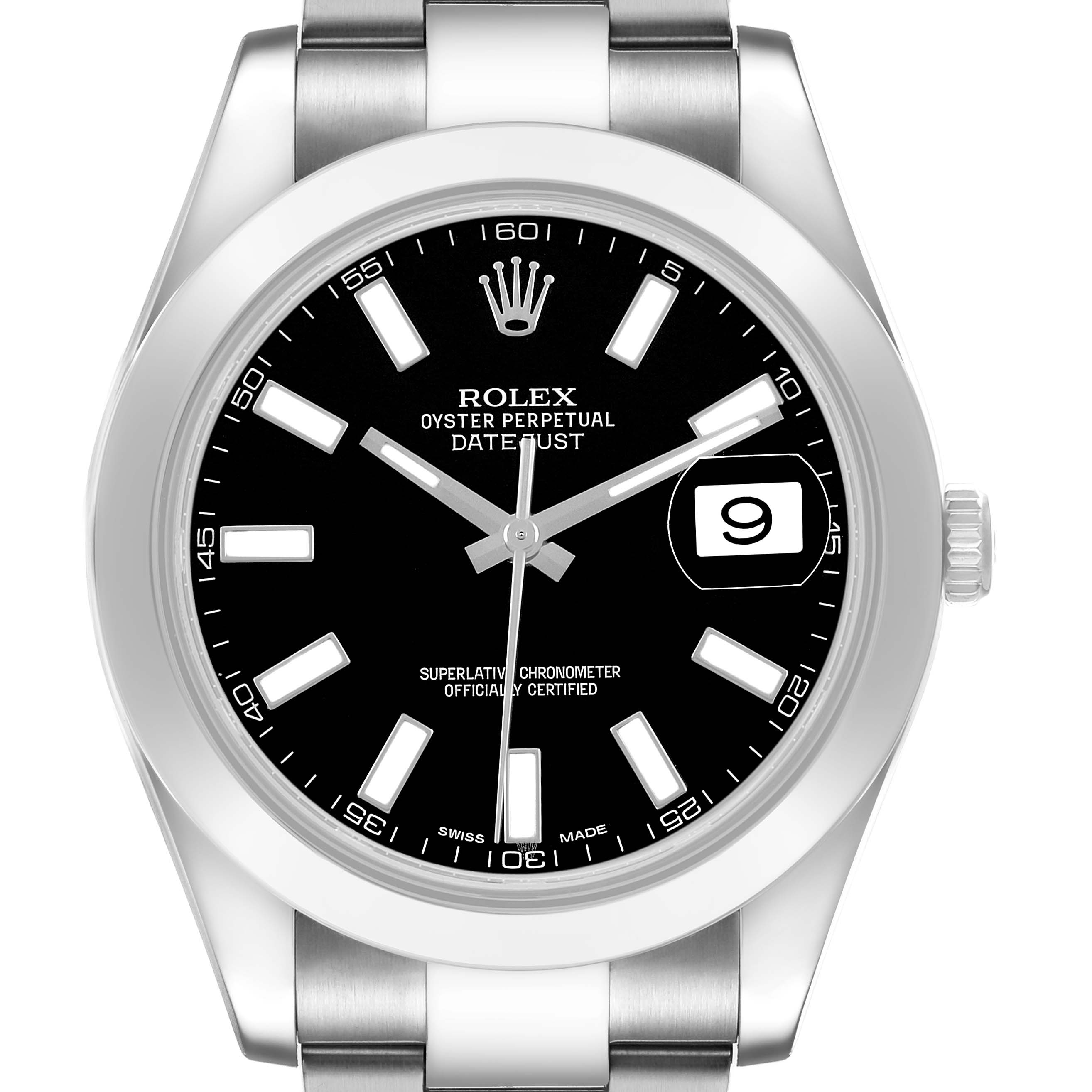 The Rolex Datejust 41 116300 Men's Stainless Steel Black Dial is shown from a front view, highlighting its dial, bezel, and bracelet.