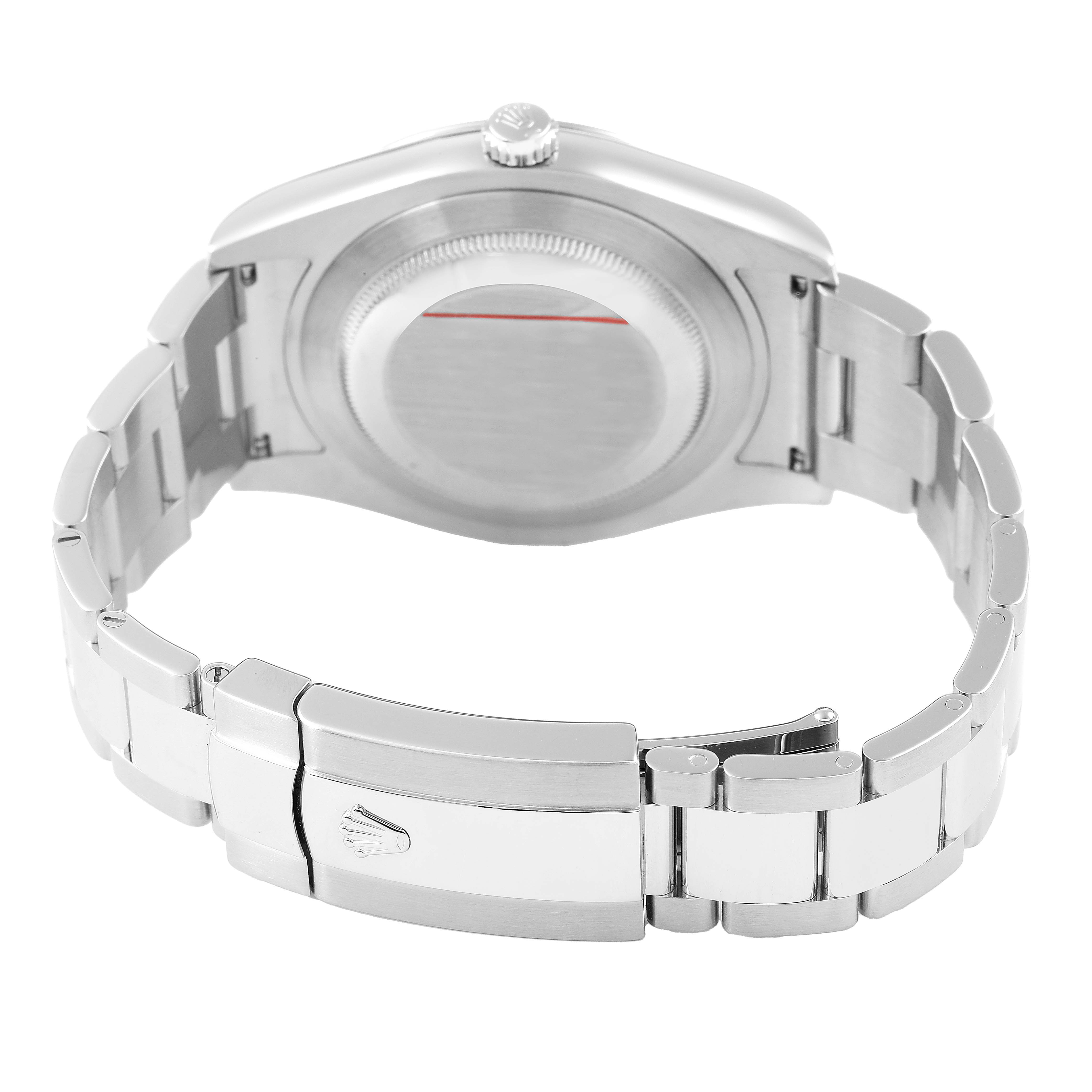 The image shows the back view of the Rolex Datejust 41 116300 Men's Stainless Steel Black Dial, displaying the case back, crown, and bracelet clasp.