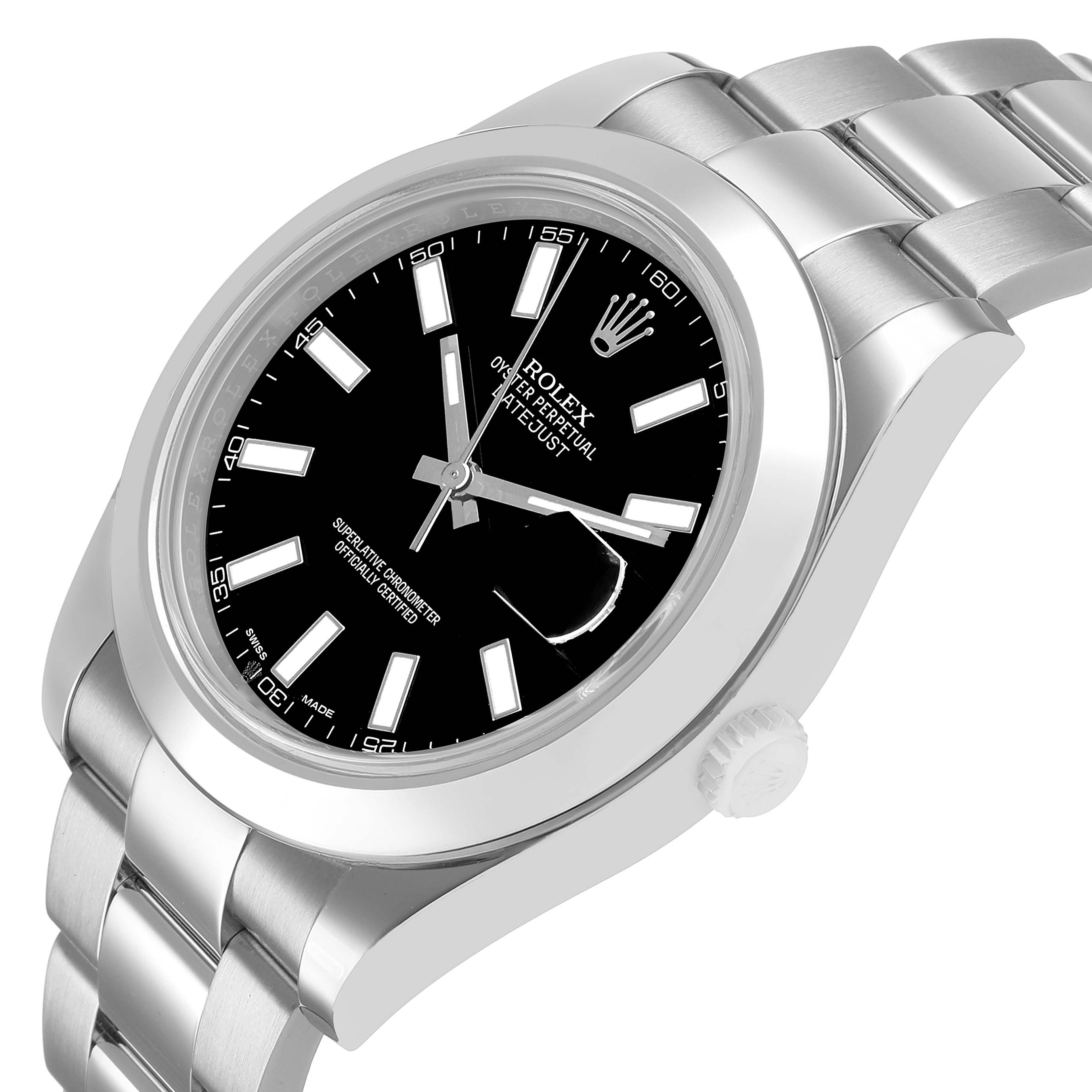 The Rolex Datejust 41 116300 Men's Stainless Steel Black Dial is shown at an angled side view highlighting the dial, bezel, and bracelet.