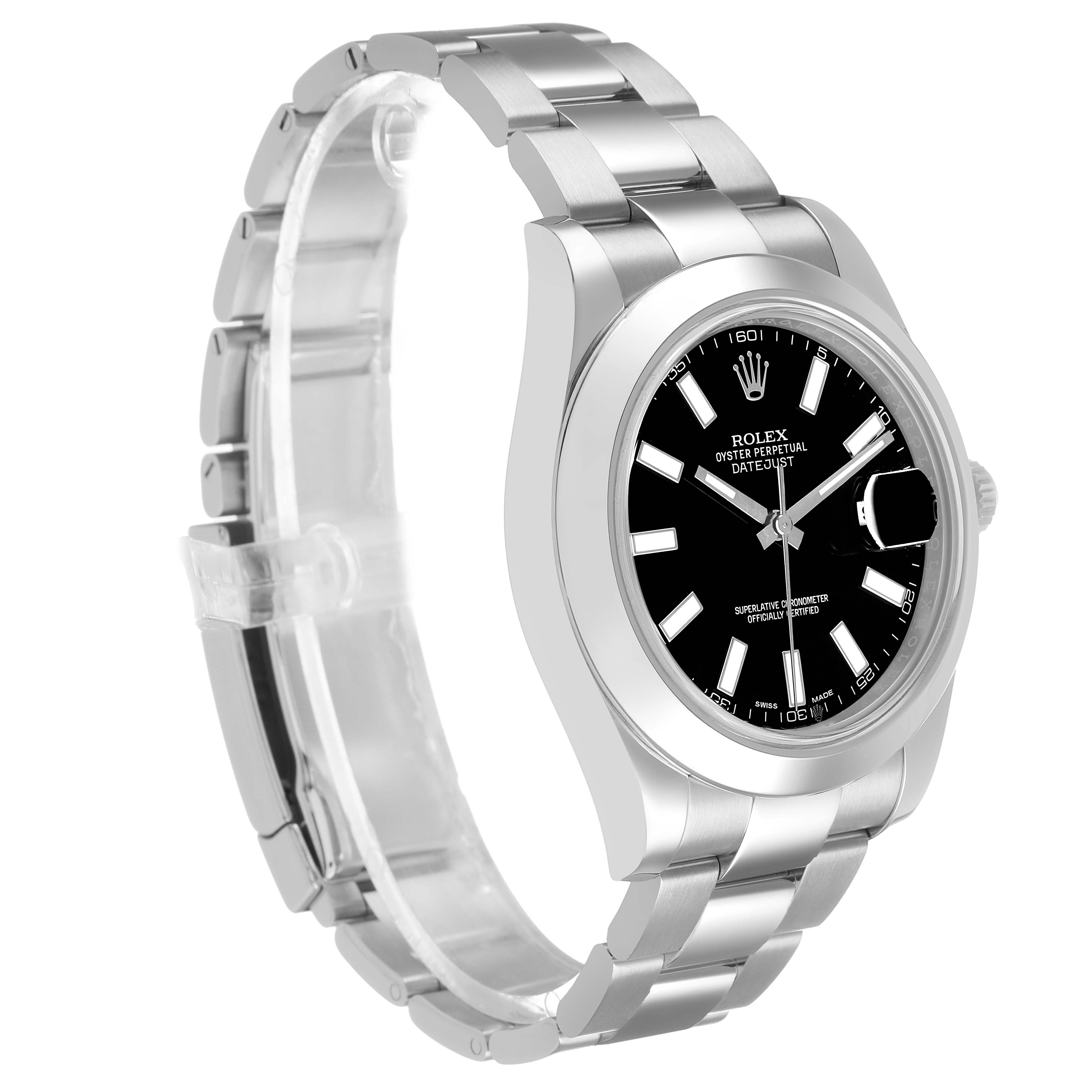 The Rolex Datejust 41 116300 Men's Stainless Steel Black Dial is shown at a slight angle, highlighting the bracelet, bezel, and black dial with markers.