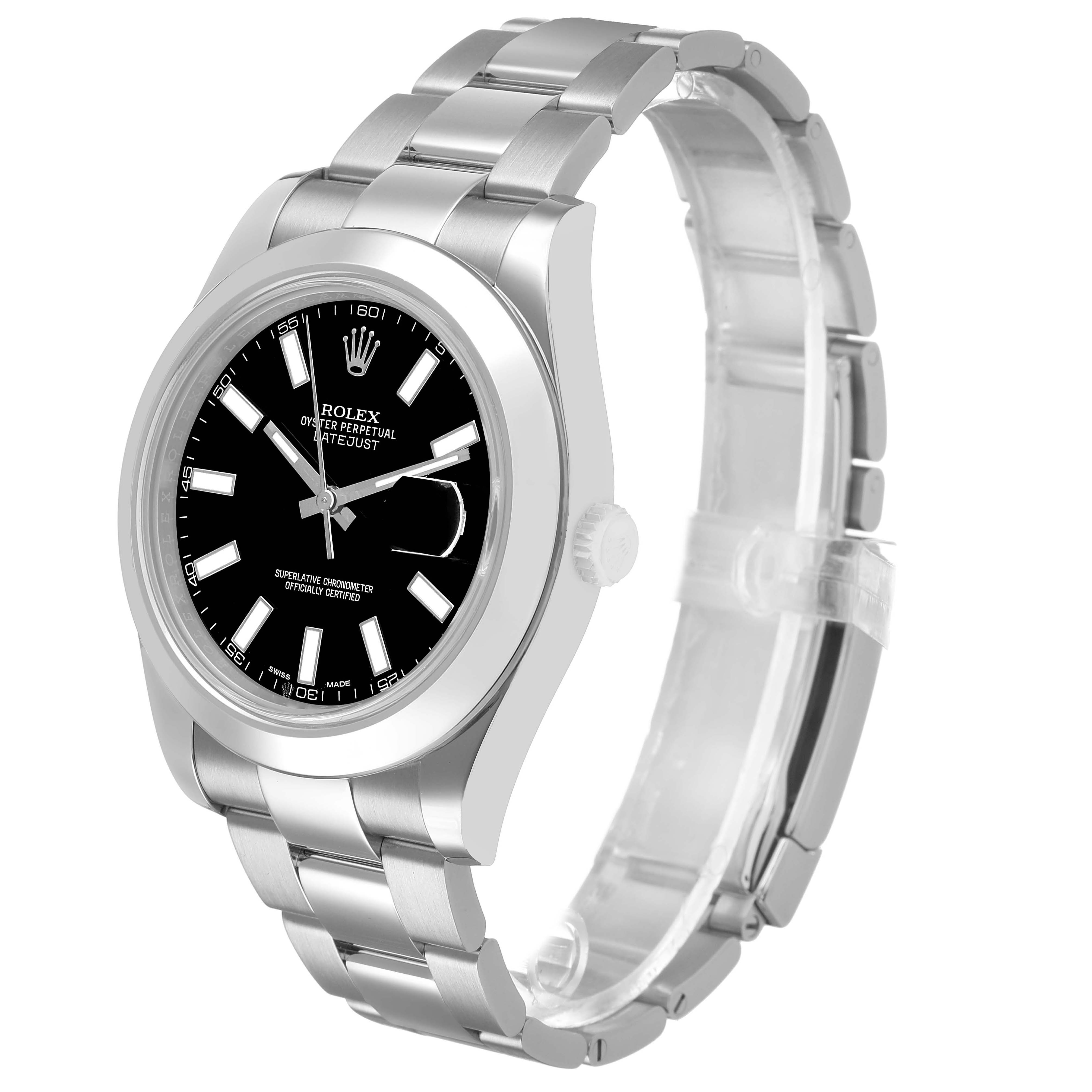 The Rolex Datejust 41 116300 Men's Stainless Steel Black Dial watch is shown at a three-quarter angle, highlighting its black dial, silver case, and metal bracelet.