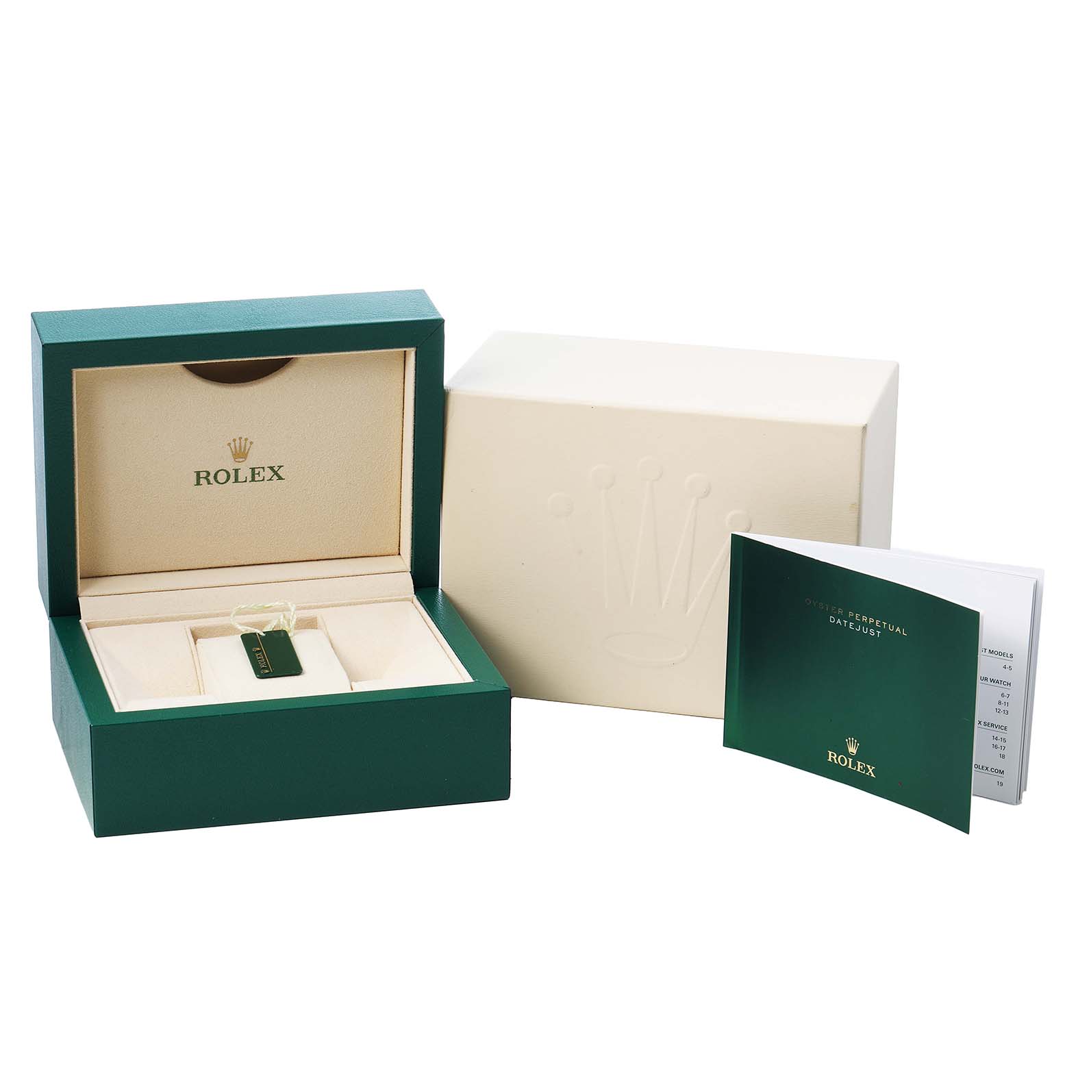 The image shows a Rolex Datejust 41 116300 Men's Stainless Steel Black Dial packaging set, including a green box, a larger outer box, and a booklet.