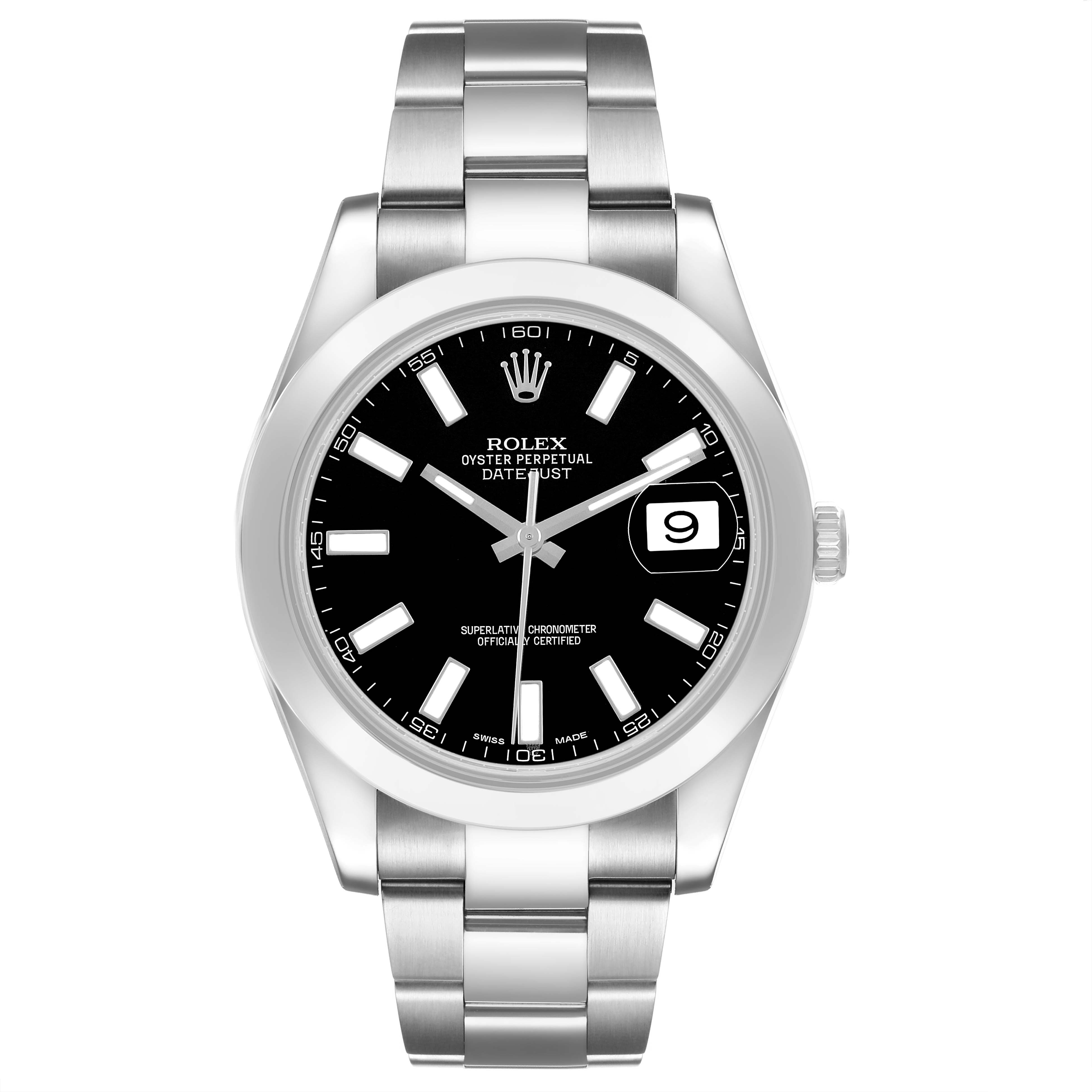 The Rolex Datejust 41 116300 Men's Stainless Steel Black Dial watch is shown from a front angle, displaying the dial, case, bracelet, and date feature.