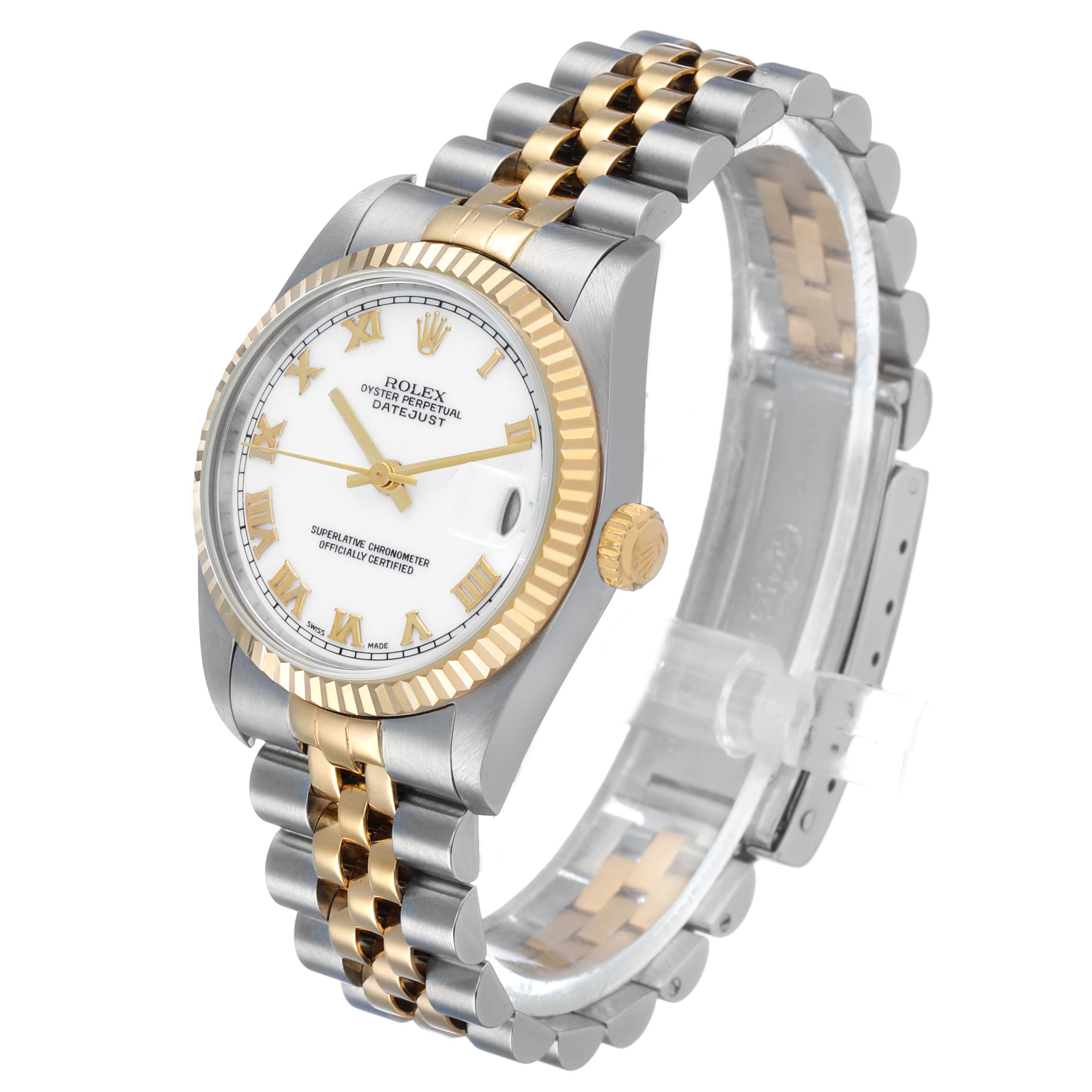 The Rolex Mid-Size 78273 Women's Steel and Gold (two tone) White Dial model is shown at a three-quarter angle, highlighting the bezel, dial, two-tone bracelet, and crown.