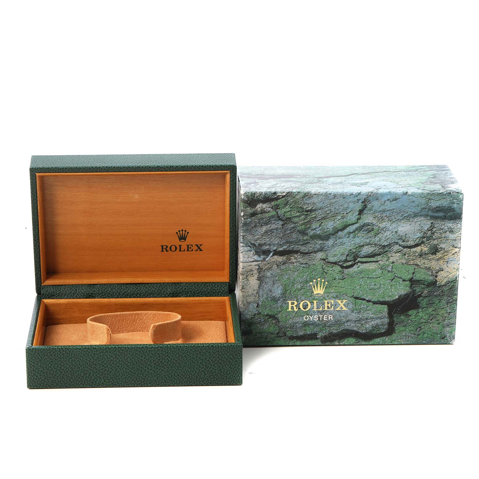The image shows a Rolex Mid-Size 78273 Women's Steel and Gold (two tone) White Dial watch box, both open and closed, with inner padding and the "Oyster" branding.