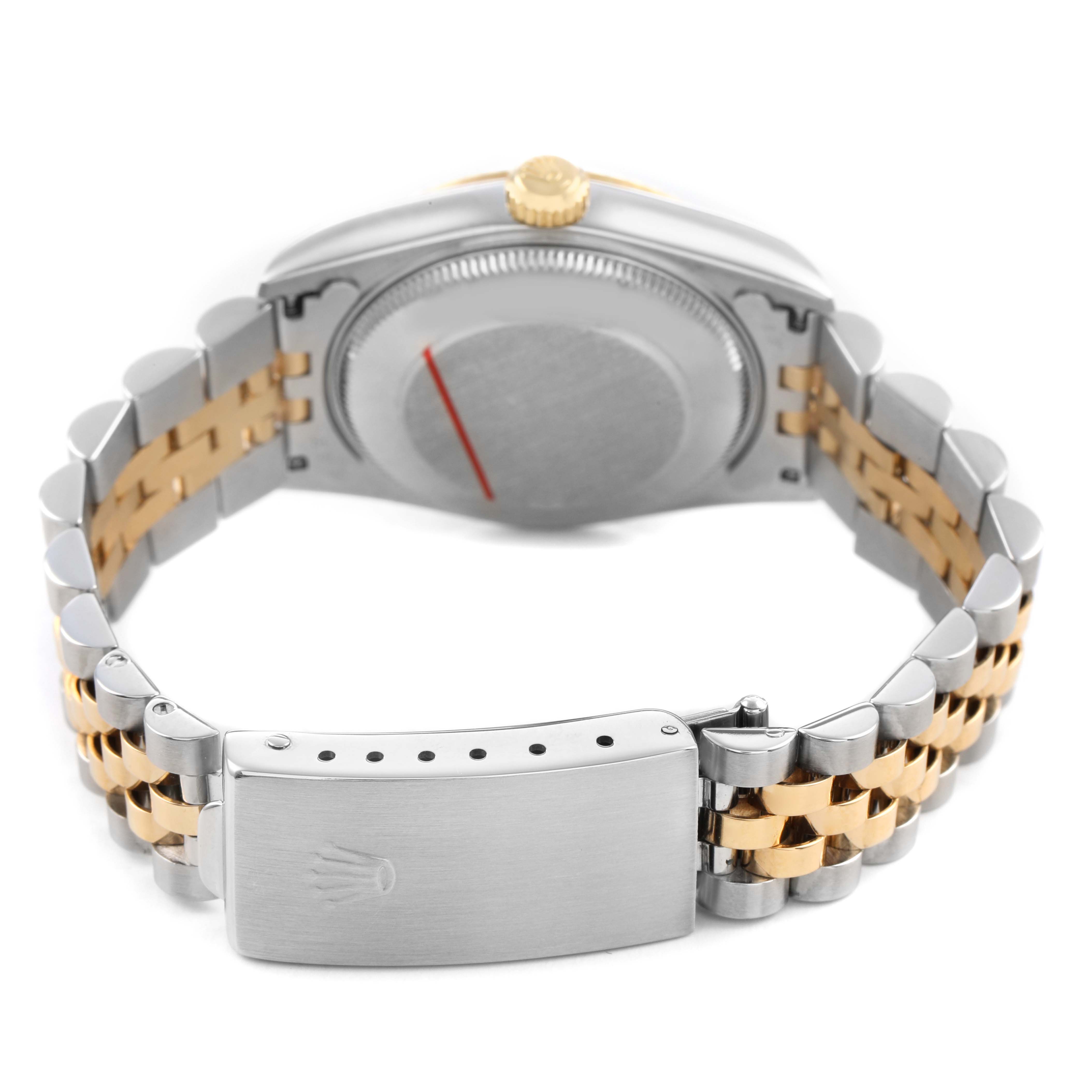 The image shows the backside of a Rolex Mid-Size 78273 Women's Steel and Gold (two tone) White Dial model featuring the case back and two-tone bracelet.