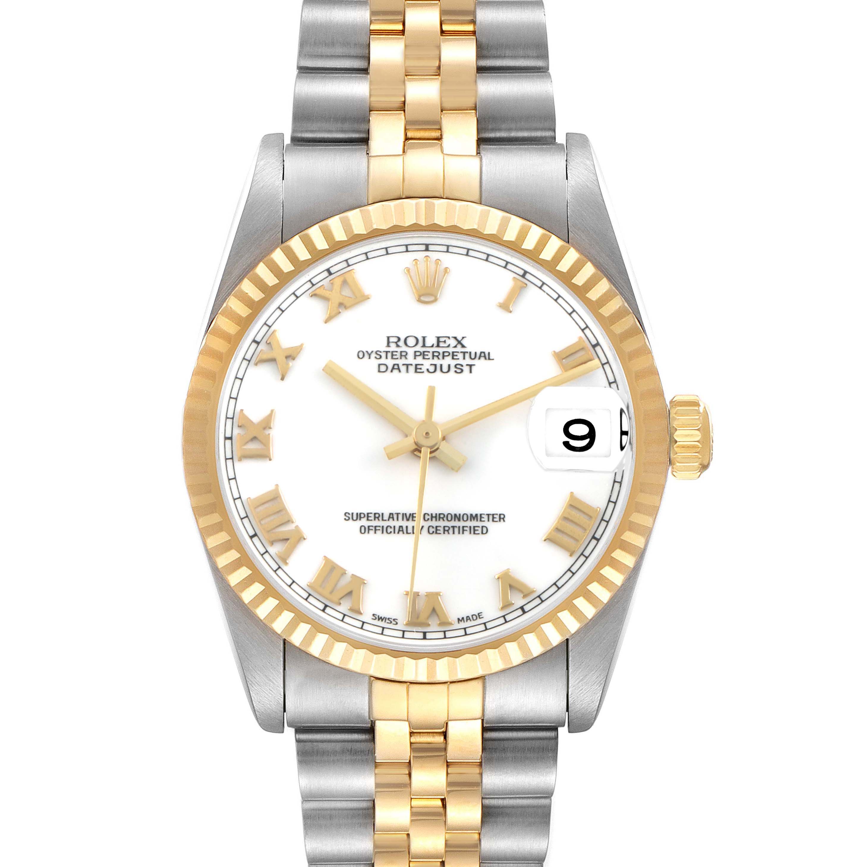 The Rolex Datejust Mid-Size watch is shown from the front, displaying the dial, Roman numerals, bezel, and bracelet.
