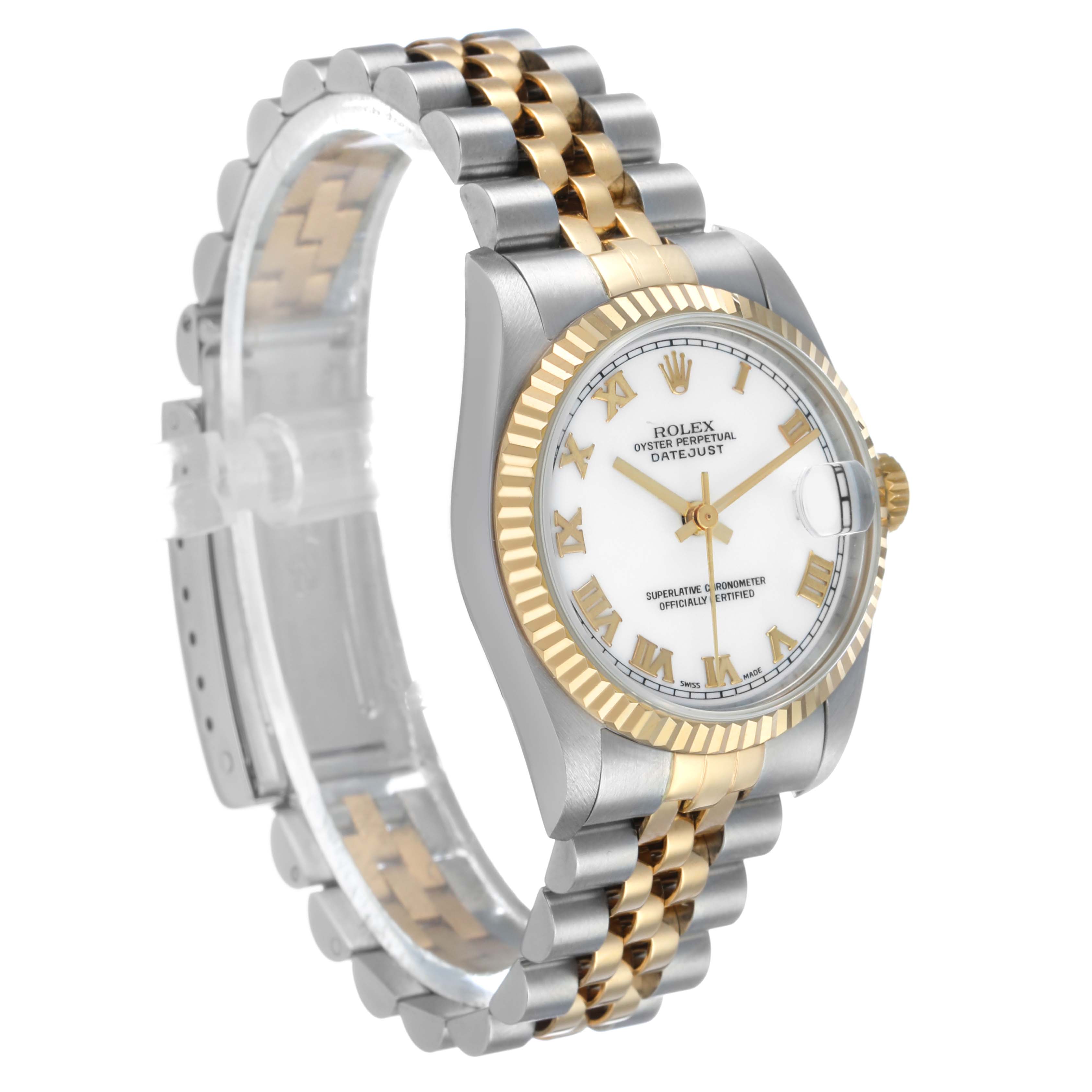 The Rolex Mid-Size 78273 Women's Steel and Gold (two tone) White Dial watch is shown at a three-quarter angle, displaying the face, bezel, and bracelet.