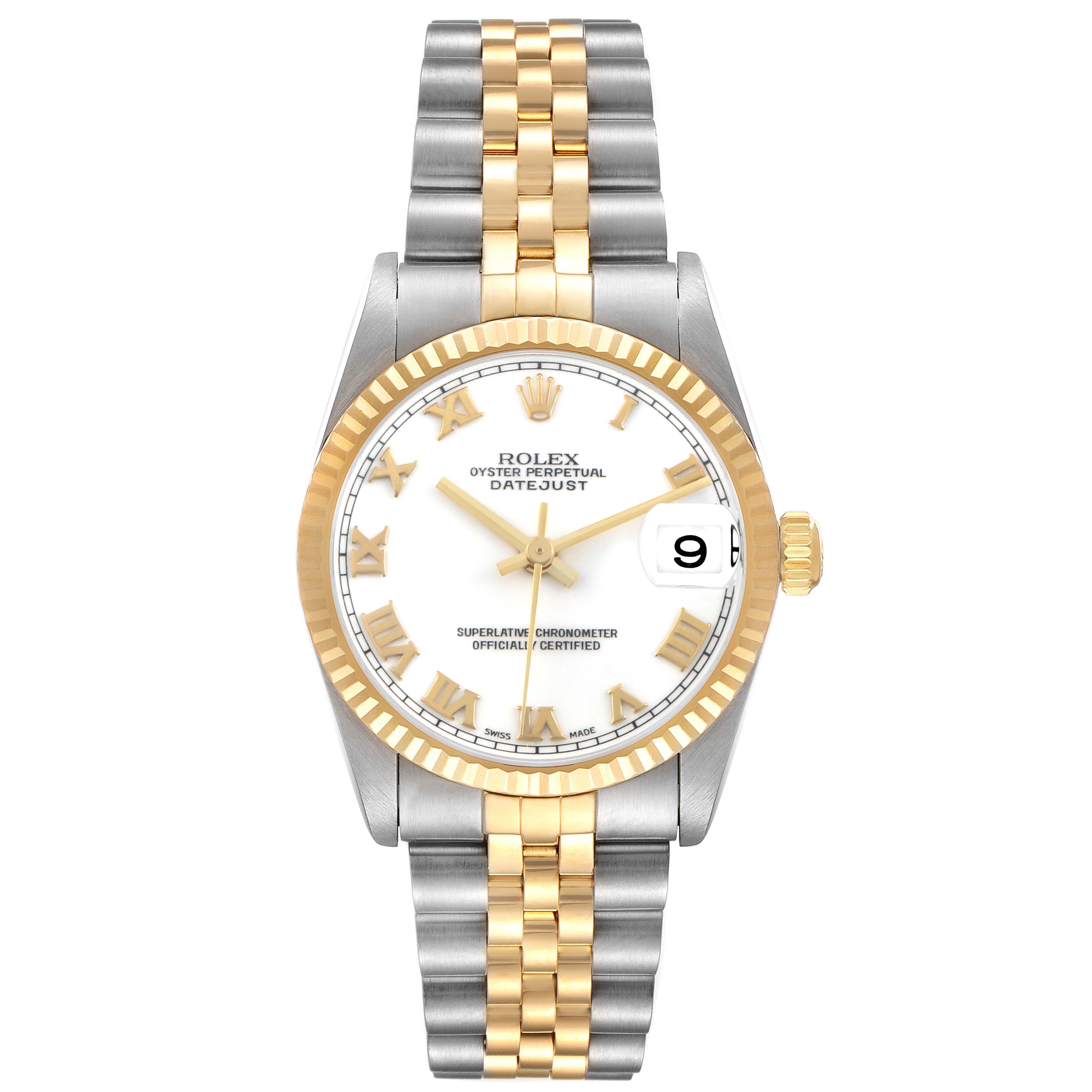 The Rolex Mid-Size 78273 Women's Steel and Gold (two tone) White Dial Datejust watch is shown from a top view, highlighting its two-tone bracelet, white dial, and cyclops date window.