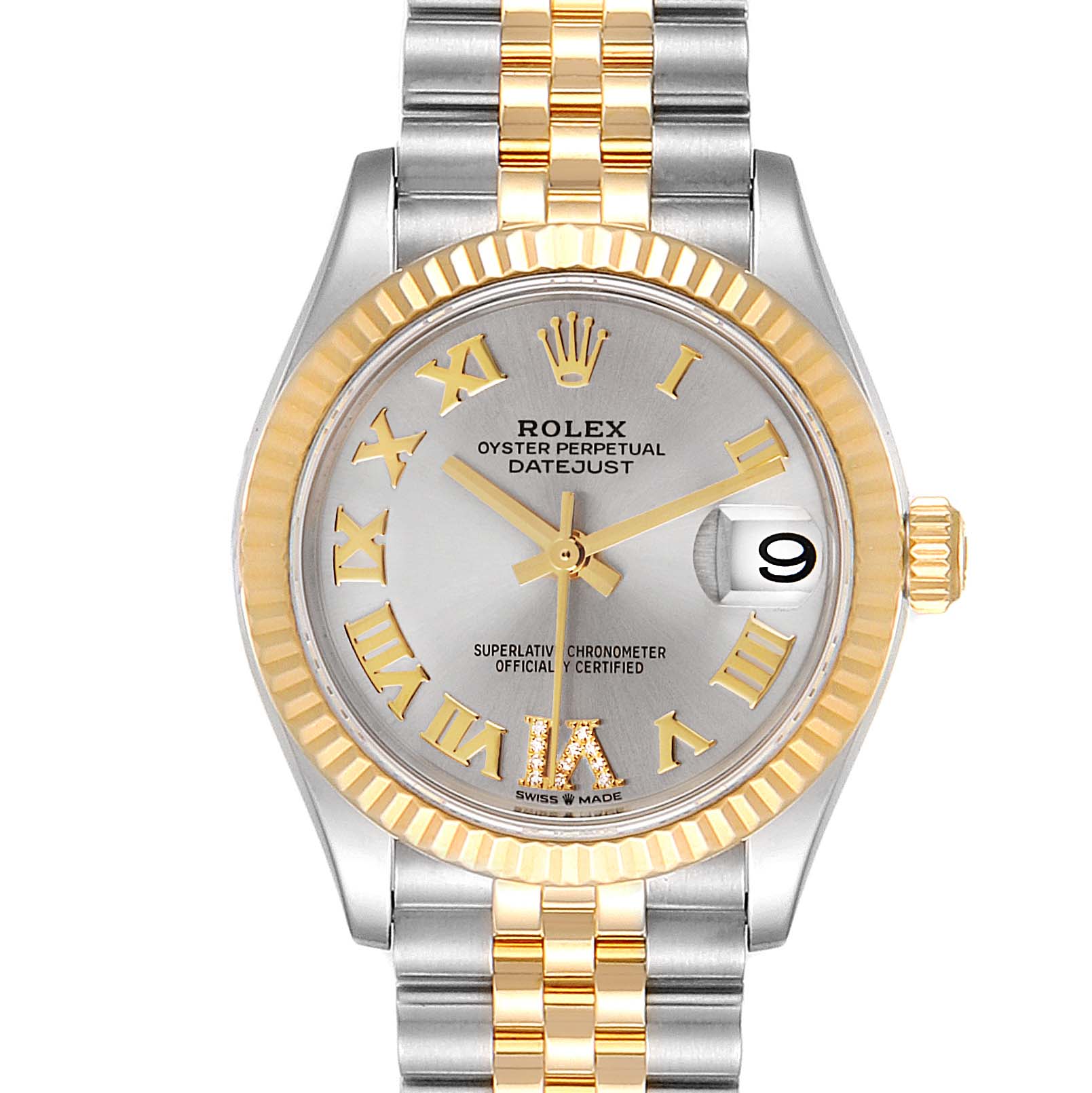 This image shows a front view of a Rolex Oyster Perpetual Datejust Mid-Size model, highlighting the face, bezel, and bracelet.