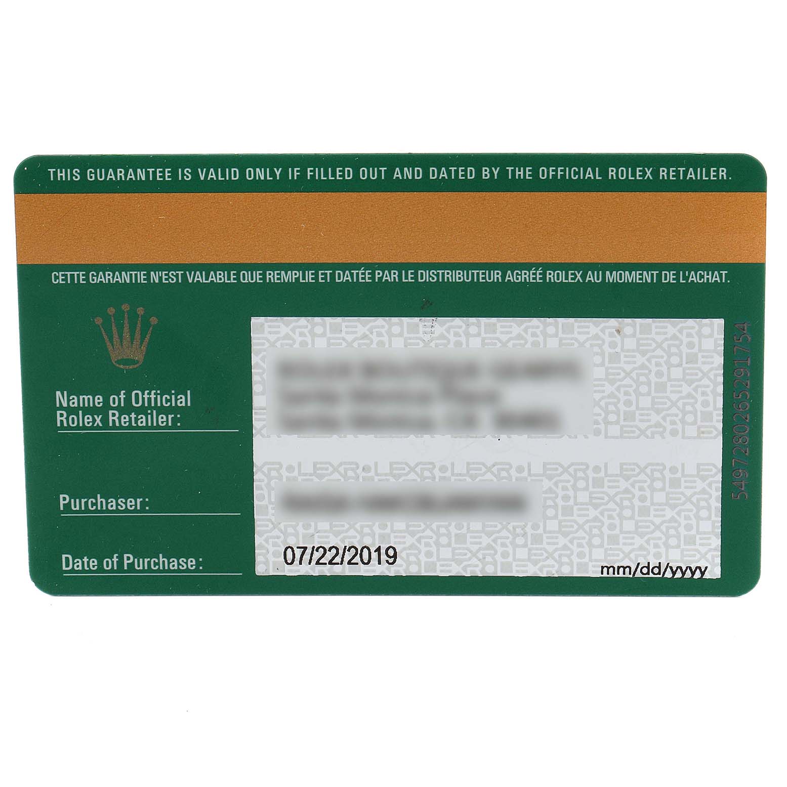 This image shows a Rolex guarantee card for a Mid-Size model, displaying retailer, purchaser information, and date of purchase.