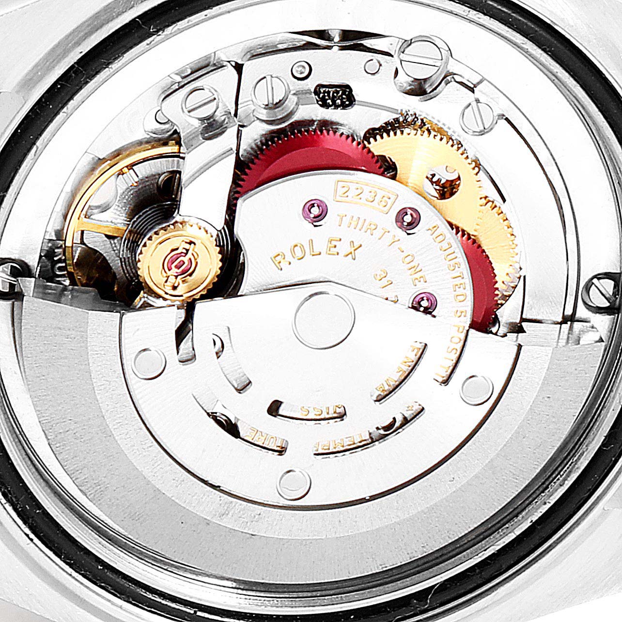 The image shows the internal movement and mechanisms of a Rolex Mid-Size 278273 Women
s Steel and Gold (two tone) Silver Dial 278273 Women
s Steel and Gold (two tone) Silver Dial model watch.