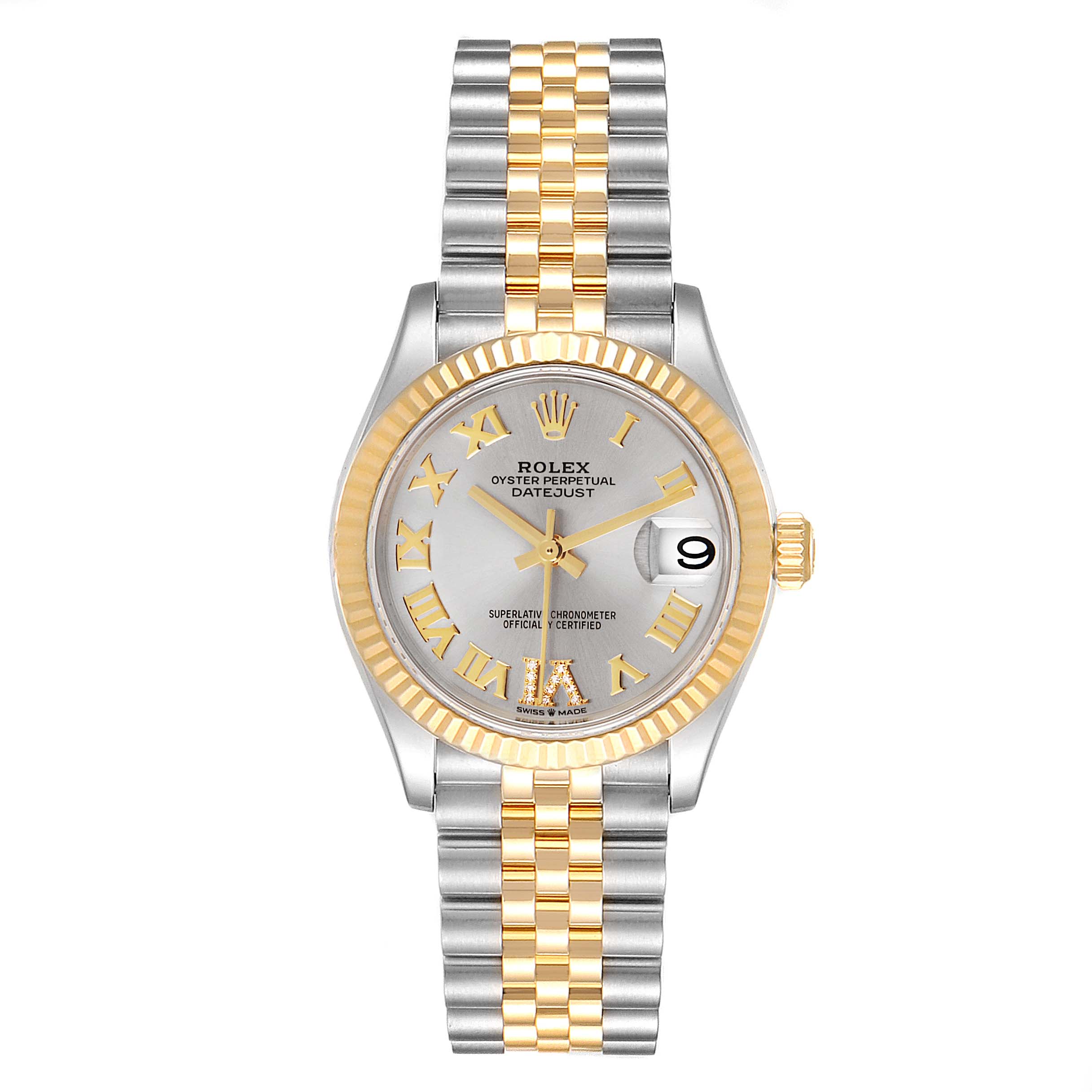 The image shows a front view of a Rolex Oyster Perpetual Datejust Mid-Size watch with a silver and gold jubilee bracelet.