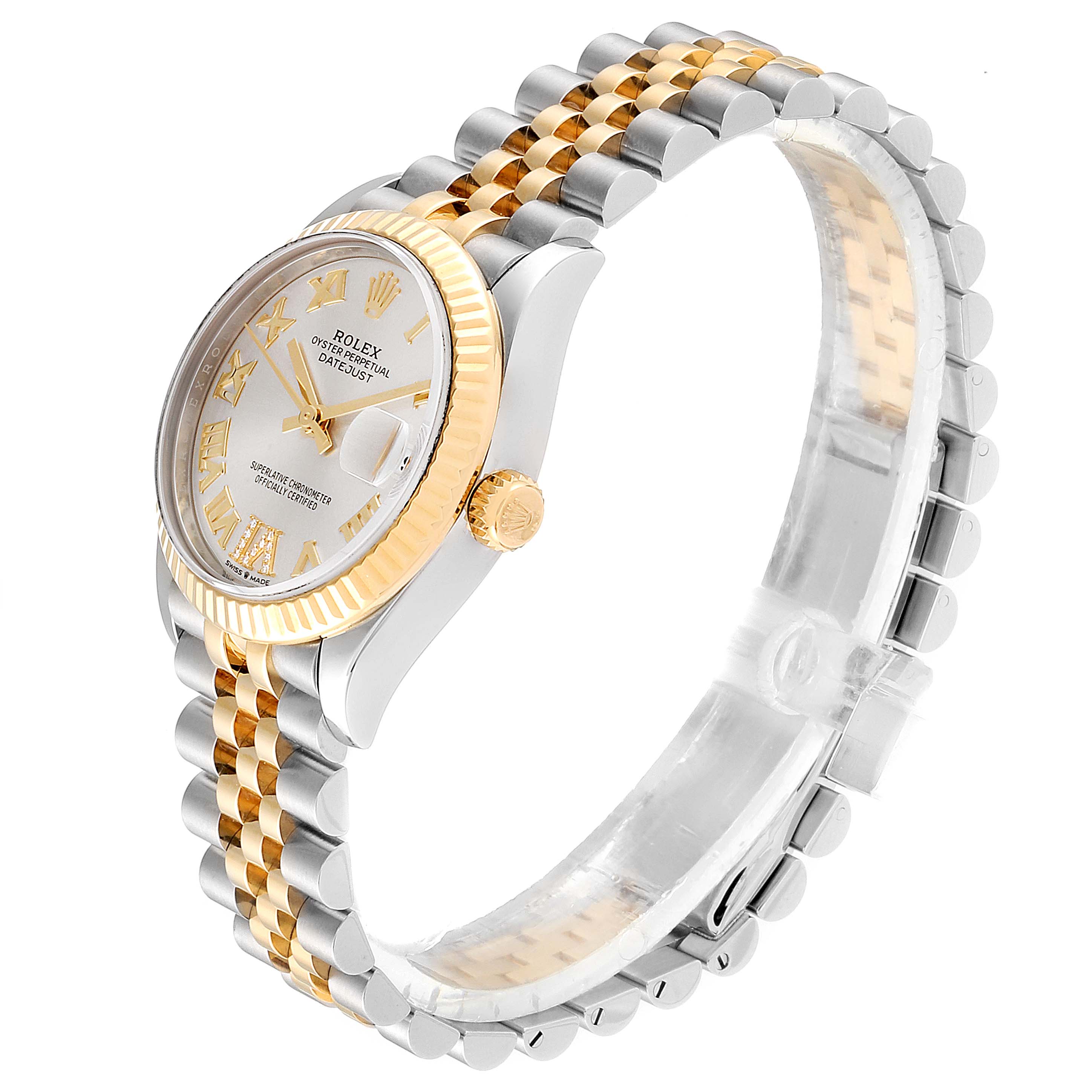 The image shows a side angle of a Mid-Size Rolex watch, displaying the bezel, crown, dial, and two-tone bracelet.