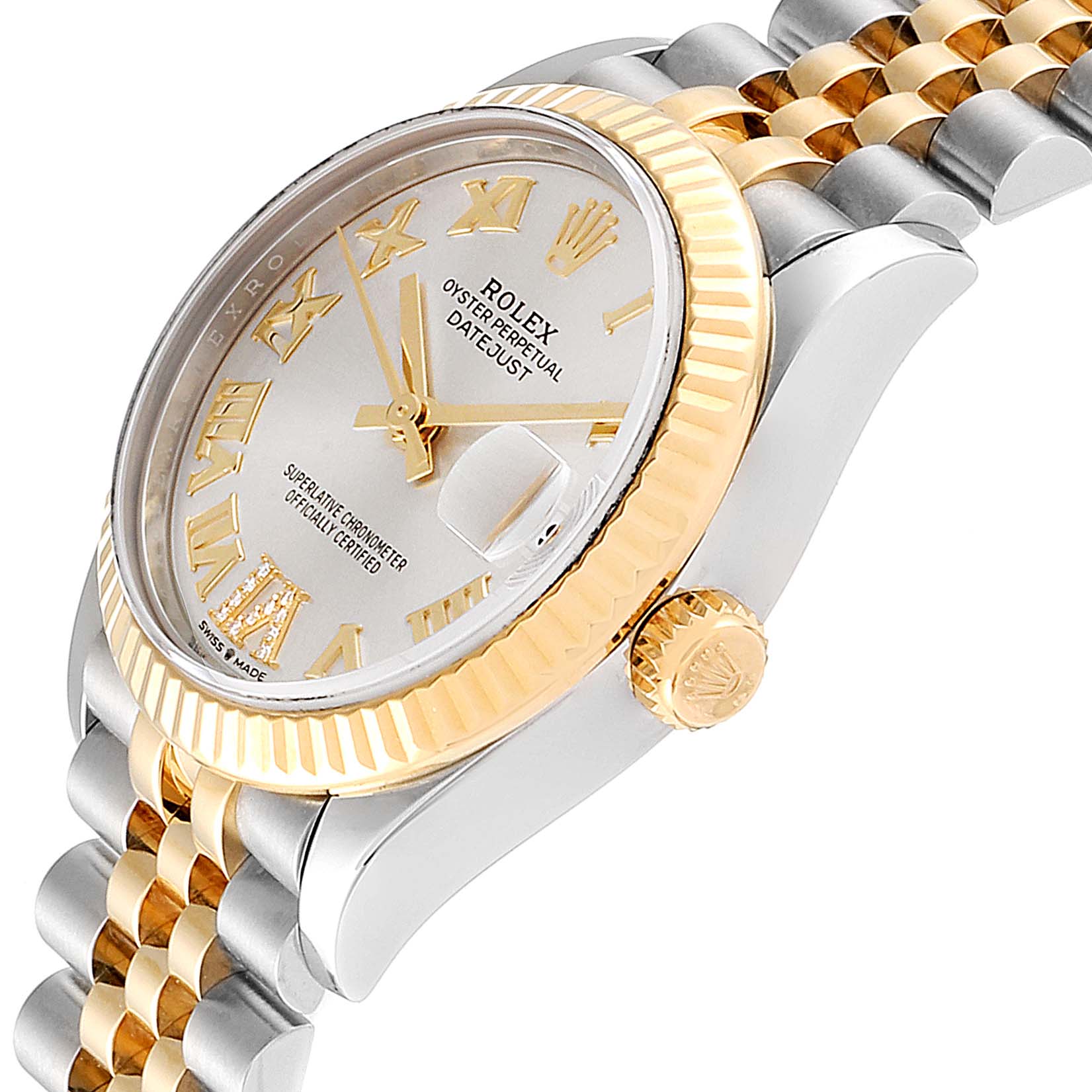This image shows a side view of the Rolex Mid-Size 278273 Women
s Steel and Gold (two tone) Silver Dial 278273 Women
s Steel and Gold (two tone) Silver Dial Datejust watch, highlighting the bezel, crown, bracelet, and partial dial.
