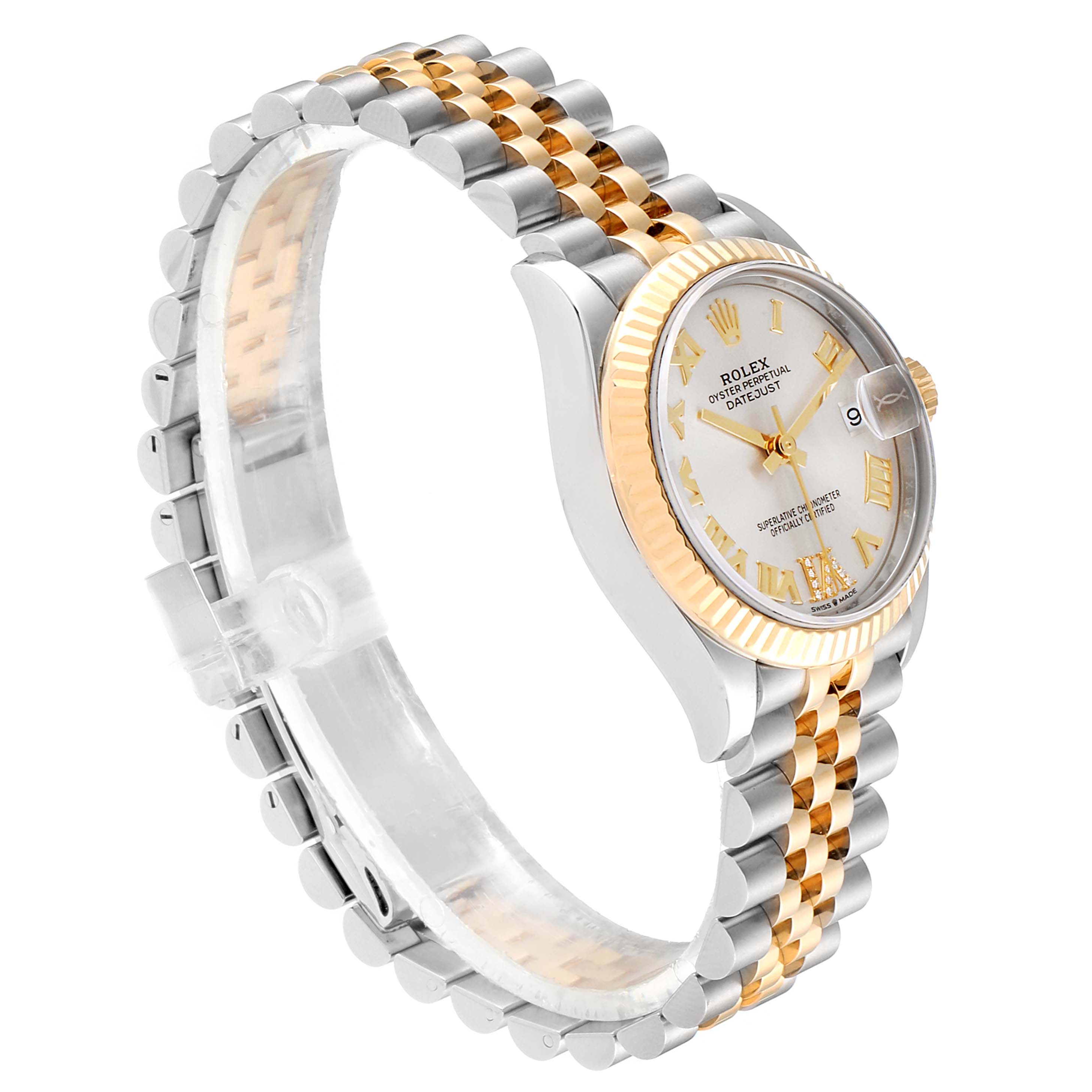 The image shows a Rolex Mid-Size 278273 Women
s Steel and Gold (two tone) Silver Dial 278273 Women
s Steel and Gold (two tone) Silver Dial Datejust watch at an angled side view, highlighting the bracelet and face.