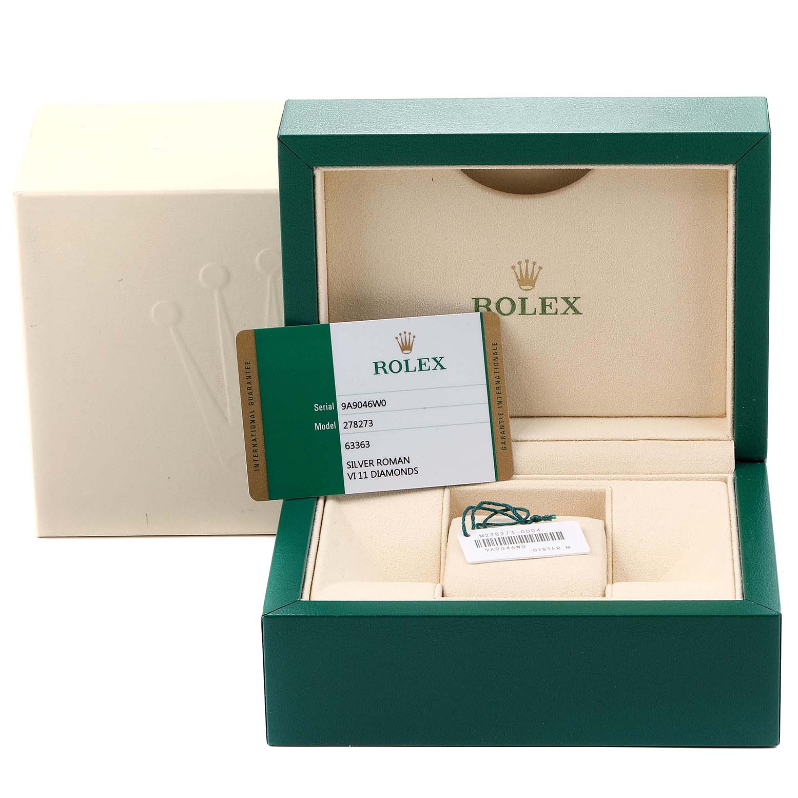 The image shows a Rolex Mid-Size 278273 Women
s Steel and Gold (two tone) Silver Dial 278273 Women
s Steel and Gold (two tone) Silver Dial watch box, an Best Quality
ation card, and a tag for model 278273.
