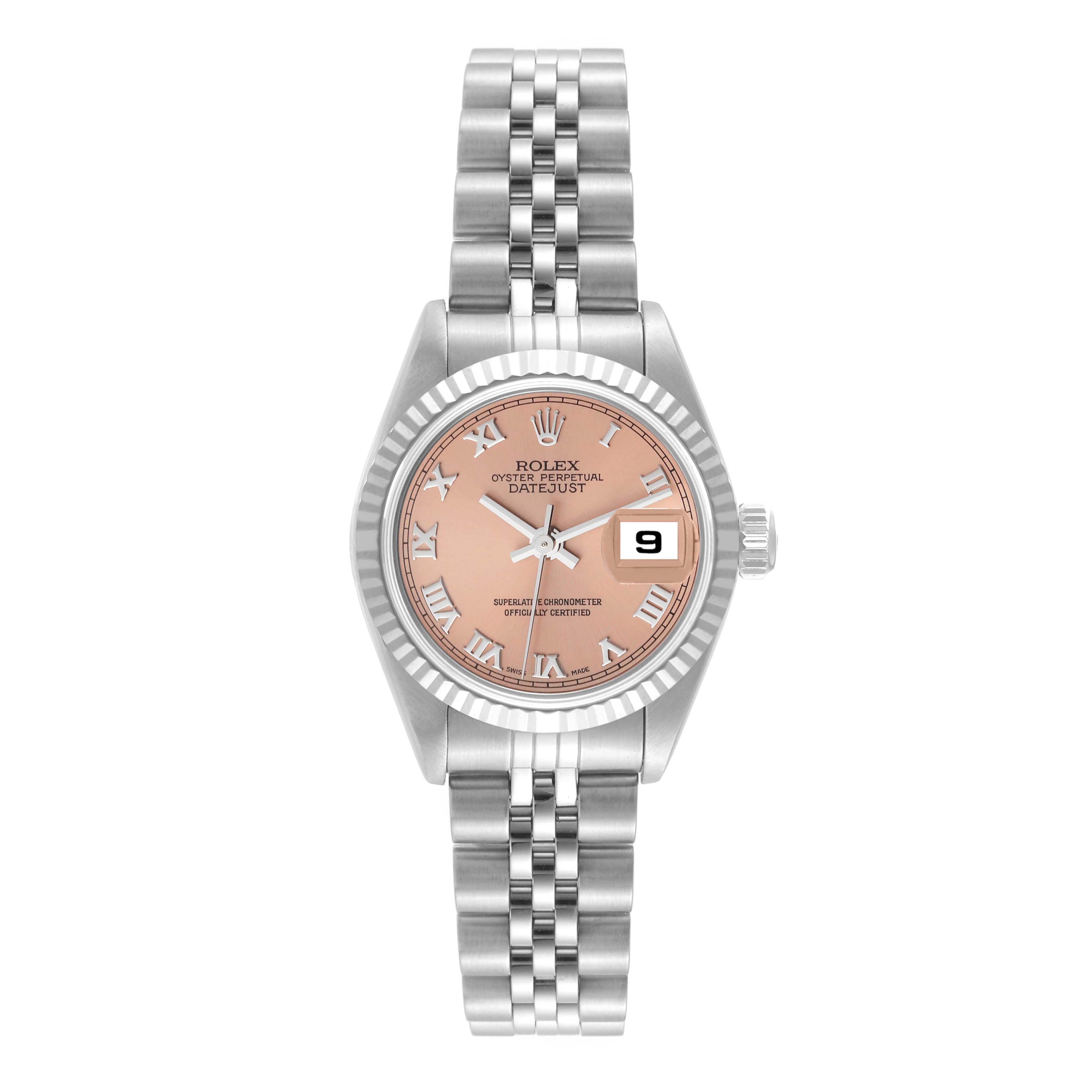 This image shows the front view of a Rolex Datejust 79174 Women's Stainless Steel Pink Dial 79174 Women's Stainless Steel Pink Dial watch, highlighting its pink dial, Roman numerals, date display, and Jubilee bracelet.
