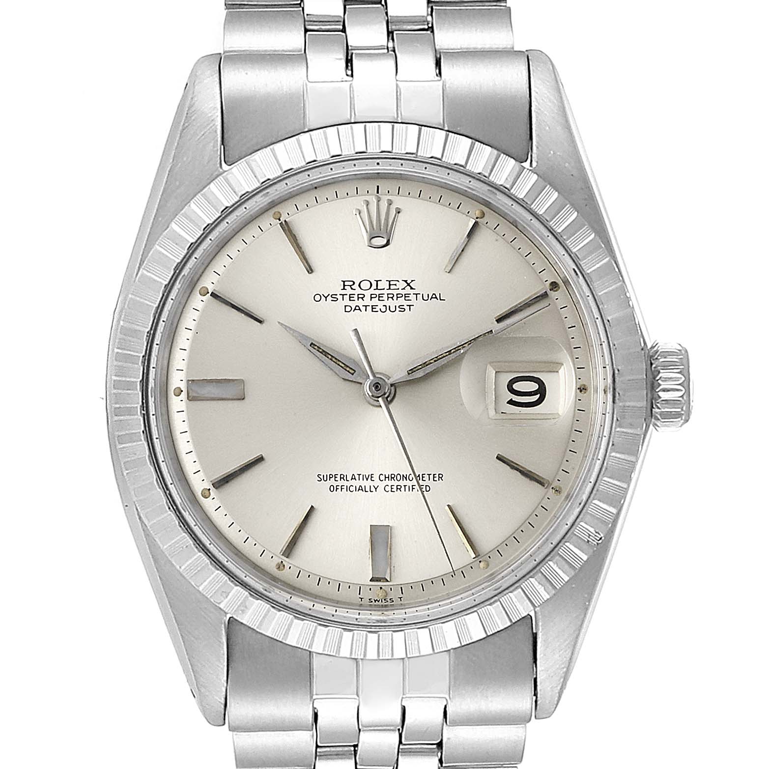 The image shows a frontal view of a Rolex Vintage Collection 1603 Men
s Stainless Steel Silver Dial 1603 Men
s Stainless Steel Silver Dial Datejust watch, highlighting its dial, bezel, crown, and bracelet.
