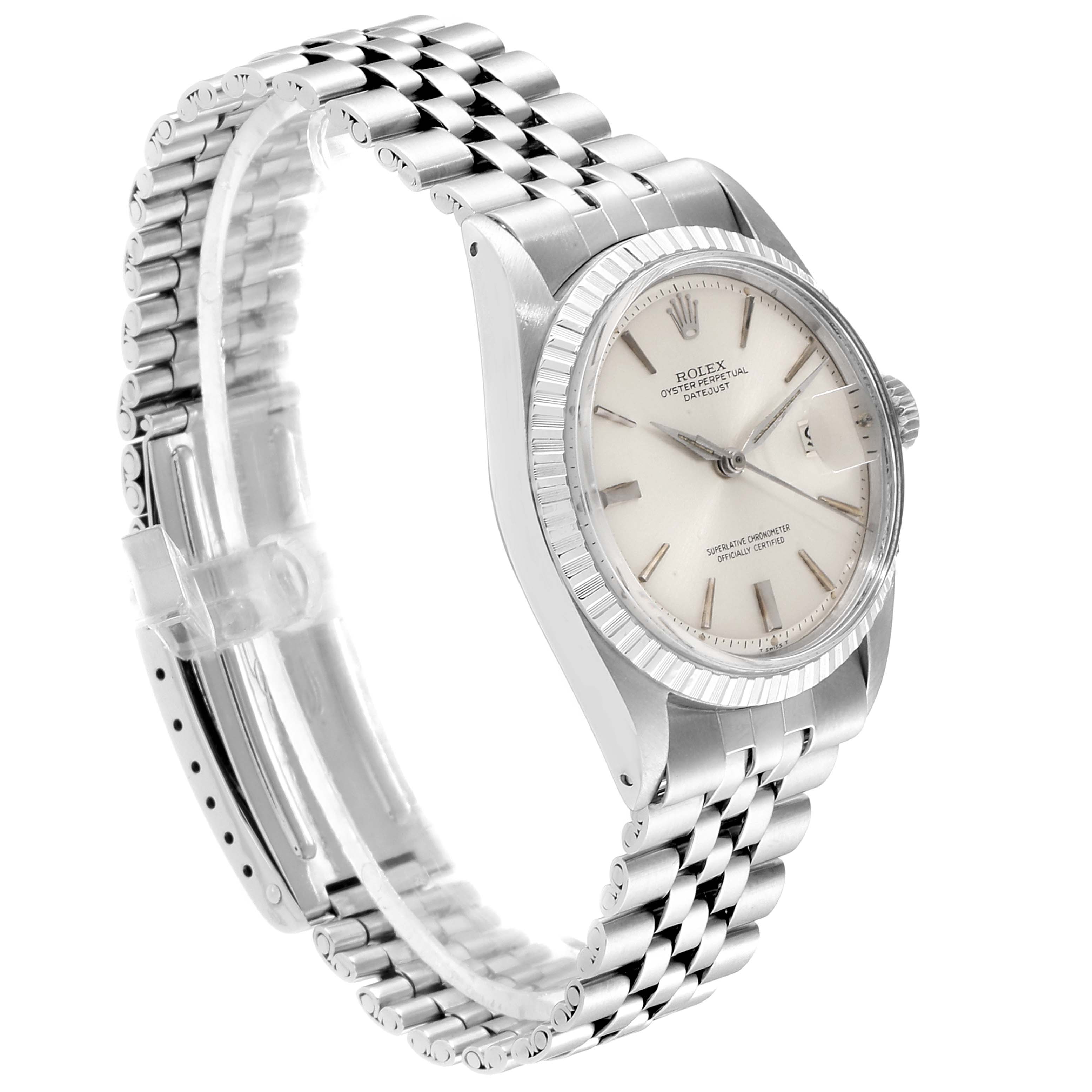 The Rolex Vintage Collection 1603 Men
s Stainless Steel Silver Dial 1603 Men
s Stainless Steel Silver Dial watch is shown at an angled front view, displaying the face, bezel, and part of the bracelet.