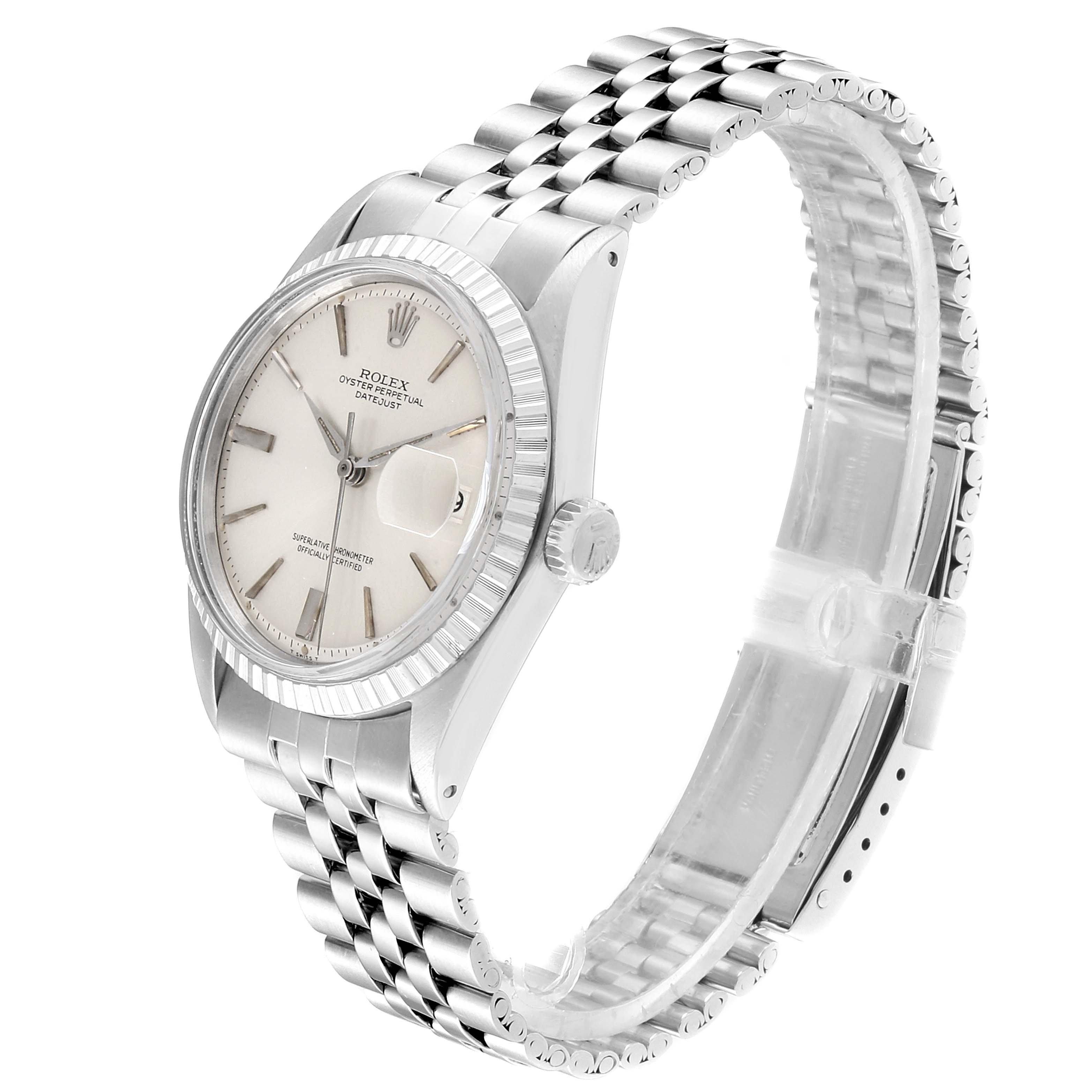 The Rolex Vintage Collection 1603 Men
s Stainless Steel Silver Dial 1603 Men
s Stainless Steel Silver Dial watch is shown at a three-quarter angle, displaying the face, bezel, and Jubilee bracelet.