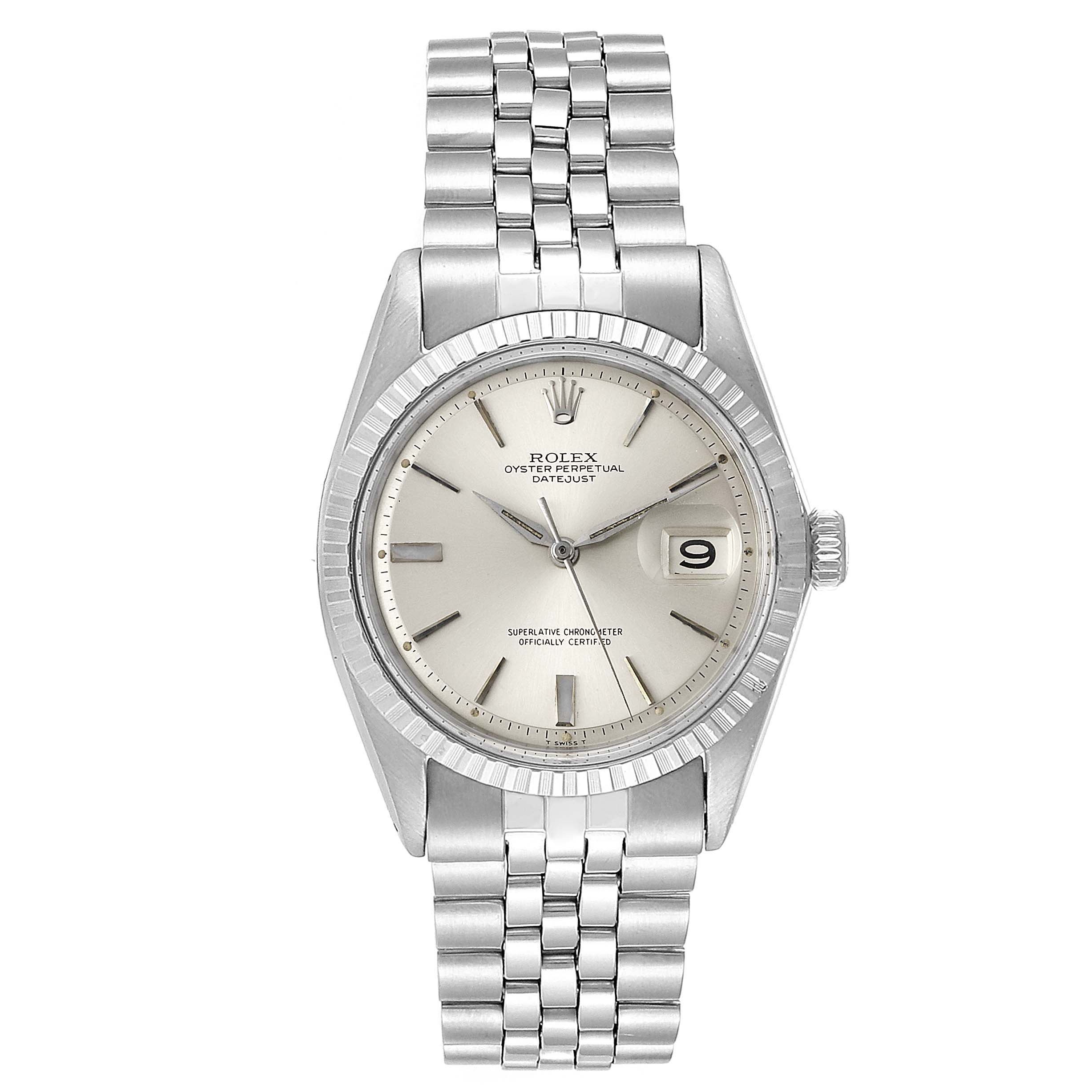 The image shows a front view of the Rolex Vintage Collection 1603 Men
s Stainless Steel Silver Dial 1603 Men
s Stainless Steel Silver Dial Datejust model with its face, bezel, and bracelet visible.