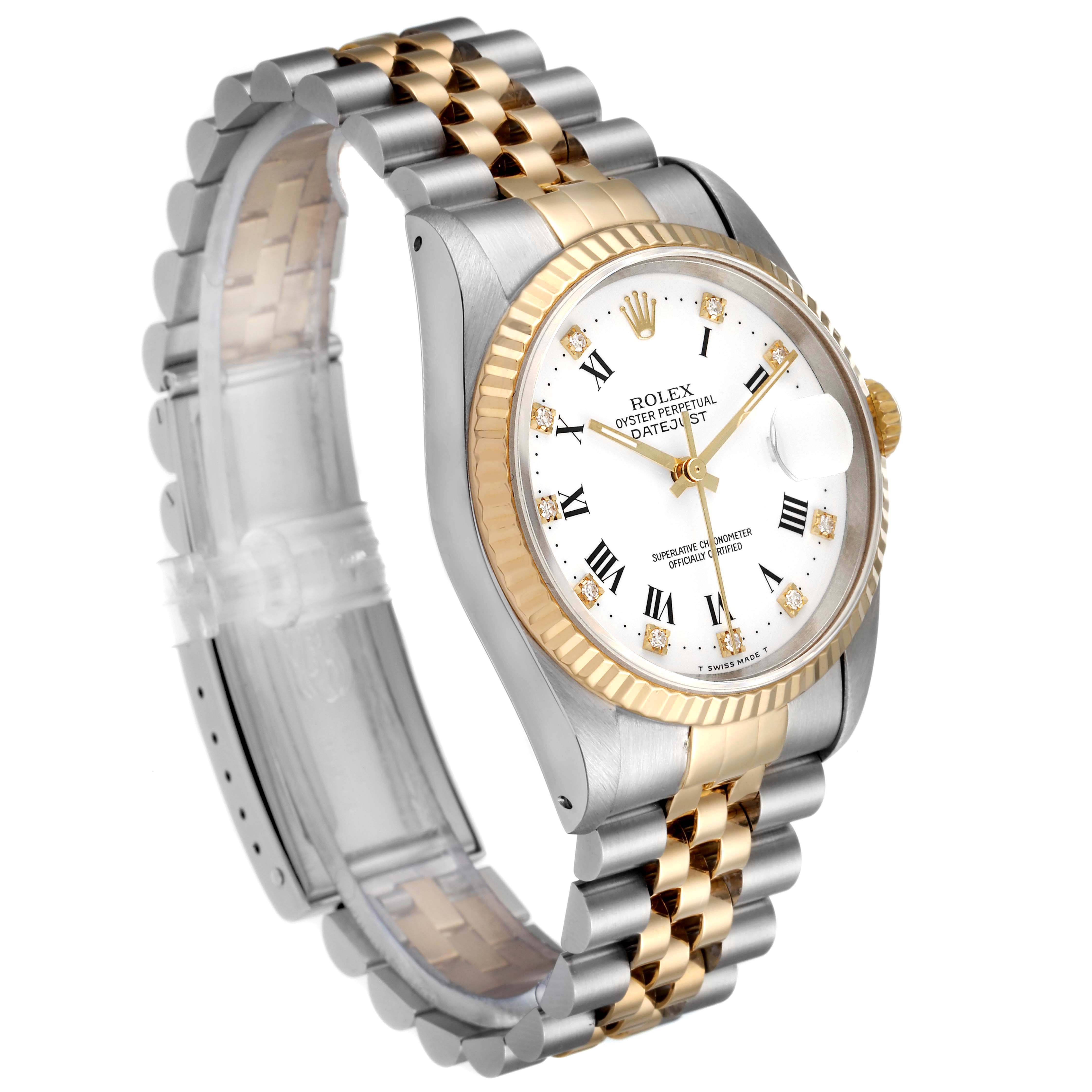 The image shows a Rolex Datejust 16233 Men's Steel and Gold (two tone) White Dial 16233 Men's Steel and Gold (two tone) White Dial watch at a three-quarter angle, highlighting the dial, bezel, and two-tone bracelet.