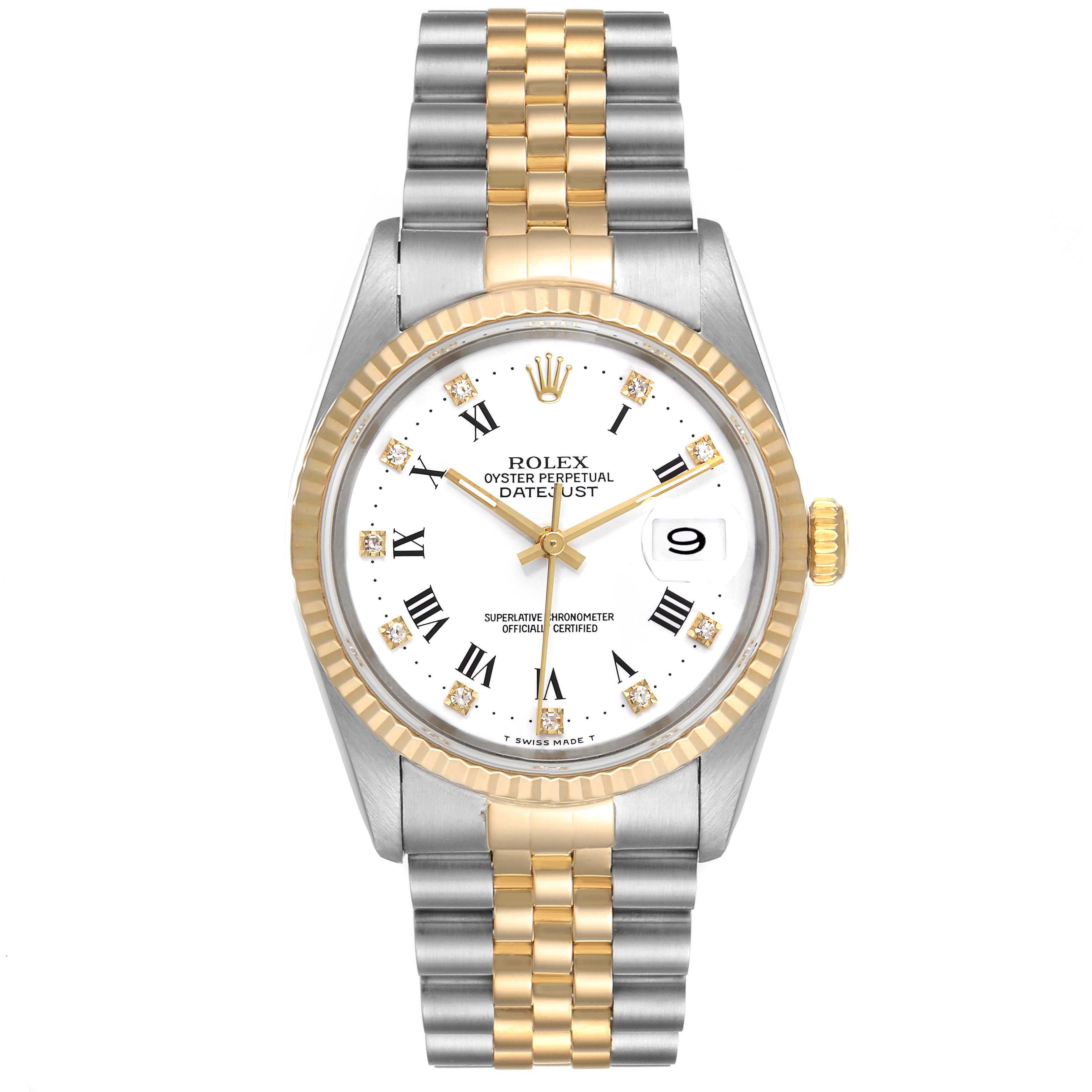 The image shows a front view of the Rolex Datejust 16233 Men's Steel and Gold (two tone) White Dial 16233 Men's Steel and Gold (two tone) White Dial watch, highlighting the face, dial, bezel, and two-tone bracelet.