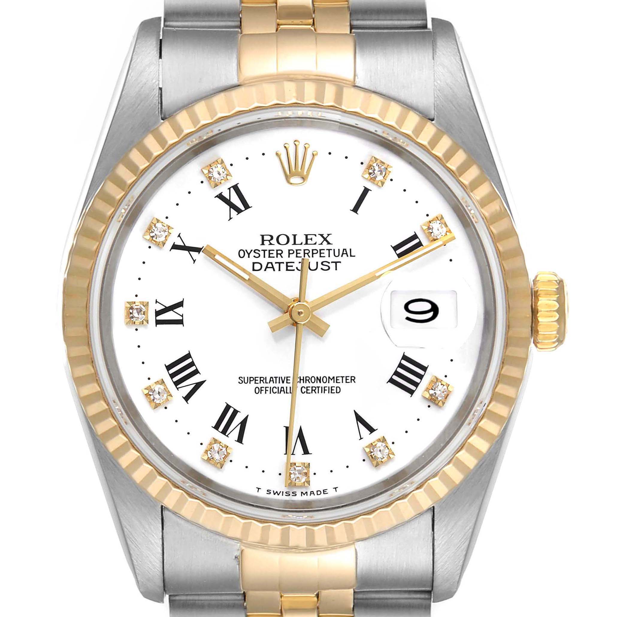 The image shows a front view of a Rolex Datejust 16233 Men's Steel and Gold (two tone) White Dial 16233 Men's Steel and Gold (two tone) White Dial watch, highlighting its dial, hands, date window, and part of its bracelet.