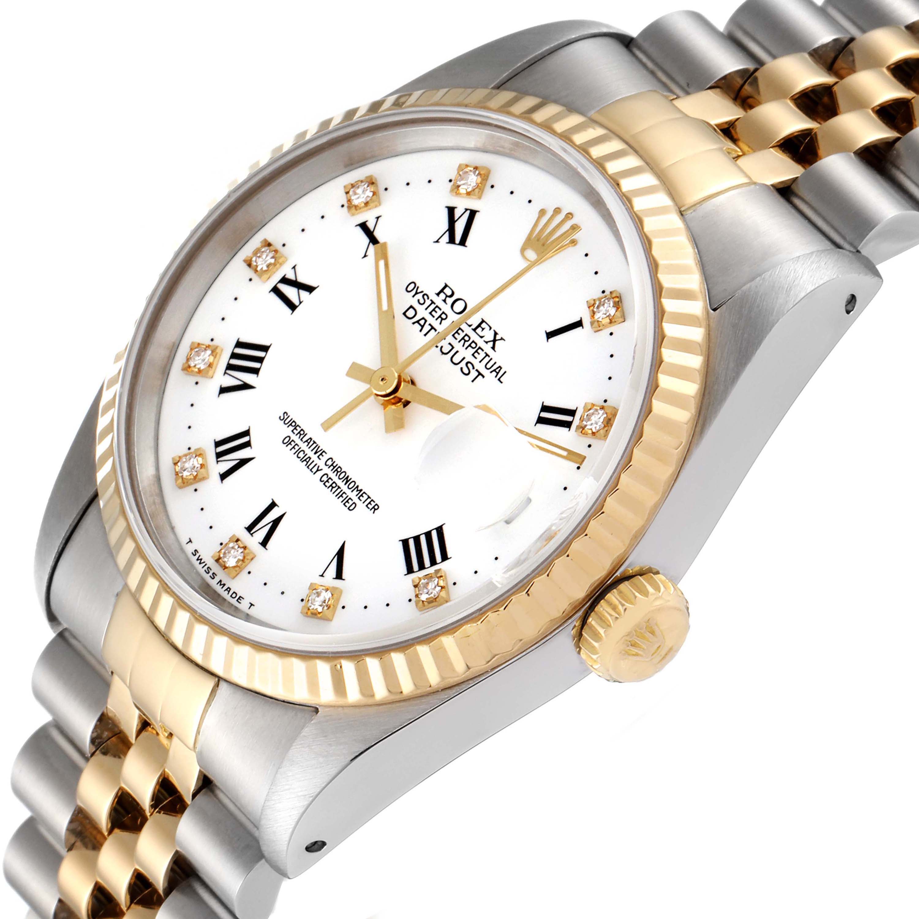 This image shows a close-up angle of a Rolex Datejust 16233 Men's Steel and Gold (two tone) White Dial 16233 Men's Steel and Gold (two tone) White Dial watch, focusing on the dial, bezel, and part of the bracelet.