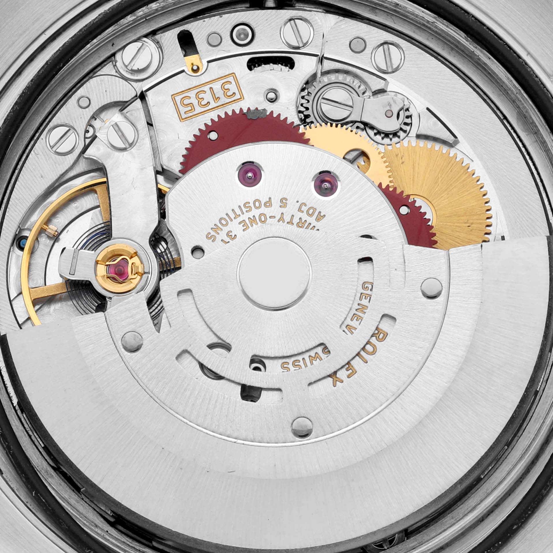 The image shows a close-up view of the internal movement components of the Rolex Datejust 116231 Men's Steel and Gold (two tone) Mother of Pearl Dial 116231 Men's Steel and Gold (two tone) Mother of Pearl Dial watch.