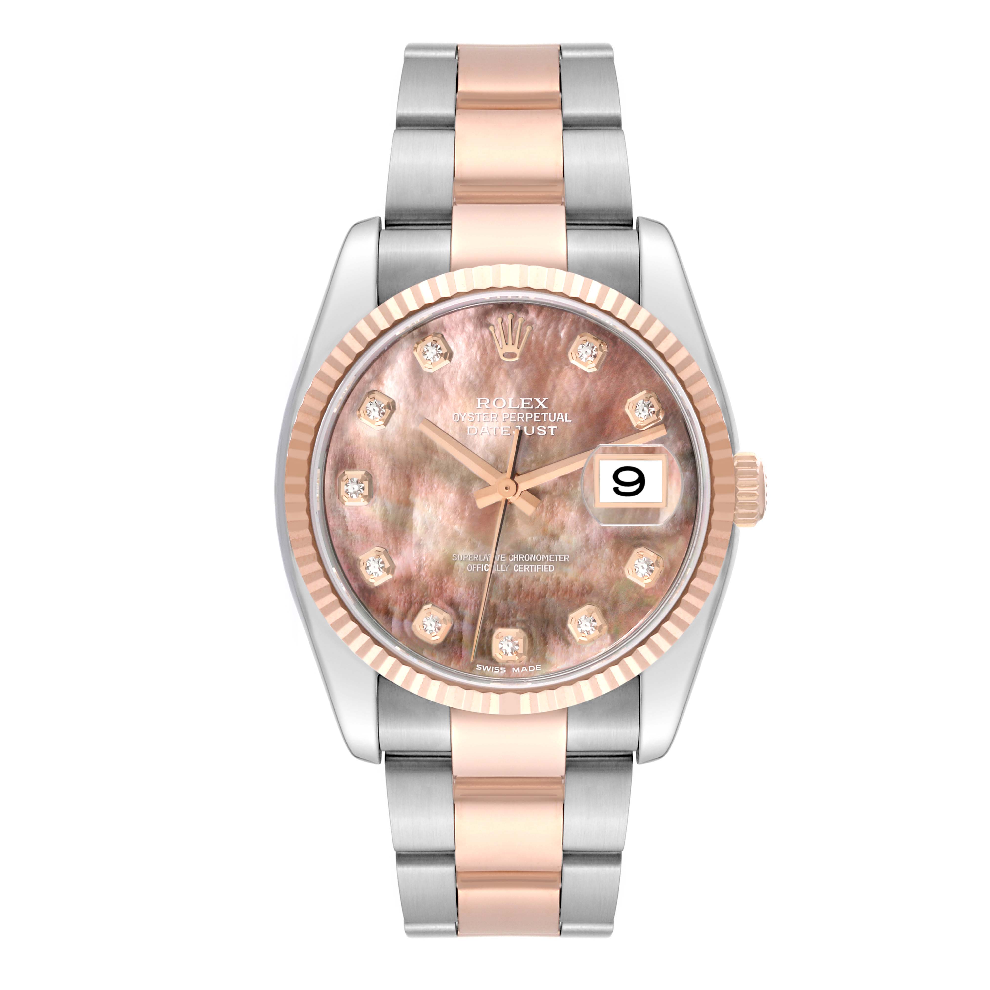 The image shows a front view of a Rolex Datejust 116231 Men's Steel and Gold (two tone) Mother of Pearl Dial 116231 Men's Steel and Gold (two tone) Mother of Pearl Dial watch featuring a pearl dial, diamond hour markers, and a two-tone bracelet.