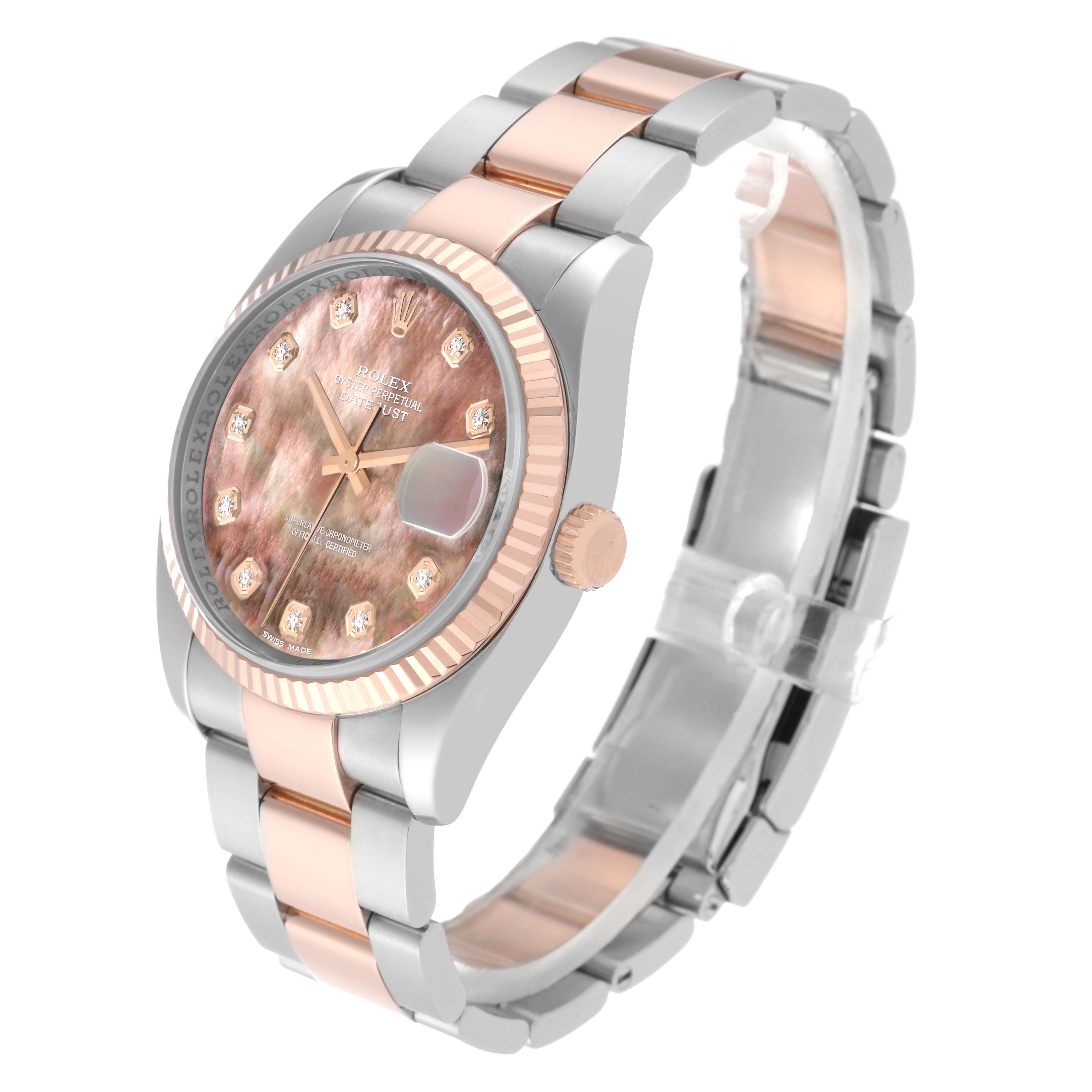 The image shows a Rolex Datejust 116231 Men's Steel and Gold (two tone) Mother of Pearl Dial 116231 Men's Steel and Gold (two tone) Mother of Pearl Dial watch at an angled side view, highlighting the dial, bezel, and two-tone bracelet.