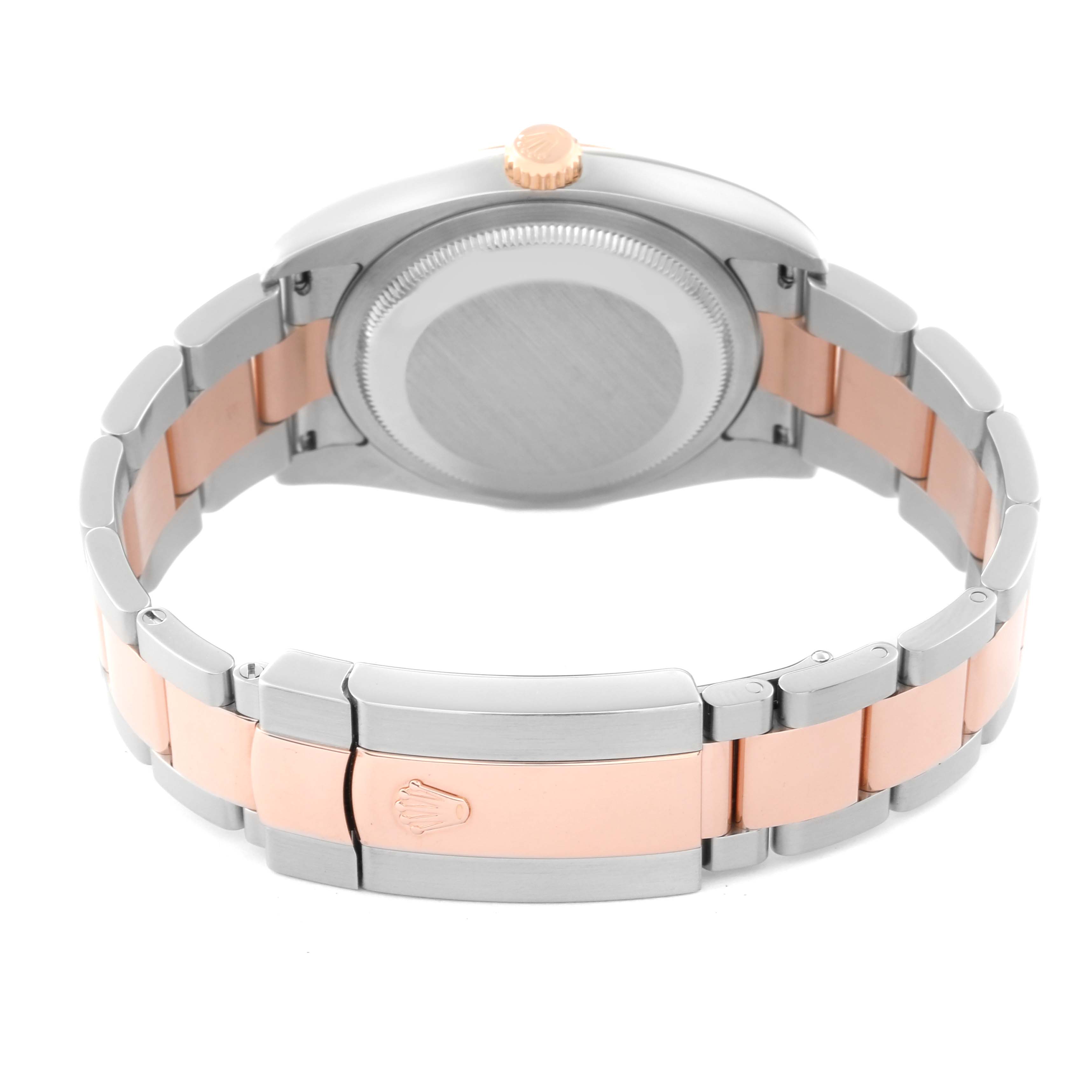 The image shows the back view of the Rolex Datejust 116231 Men's Steel and Gold (two tone) Mother of Pearl Dial 116231 Men's Steel and Gold (two tone) Mother of Pearl Dial watch, highlighting the casing, bracelet, and clasp.