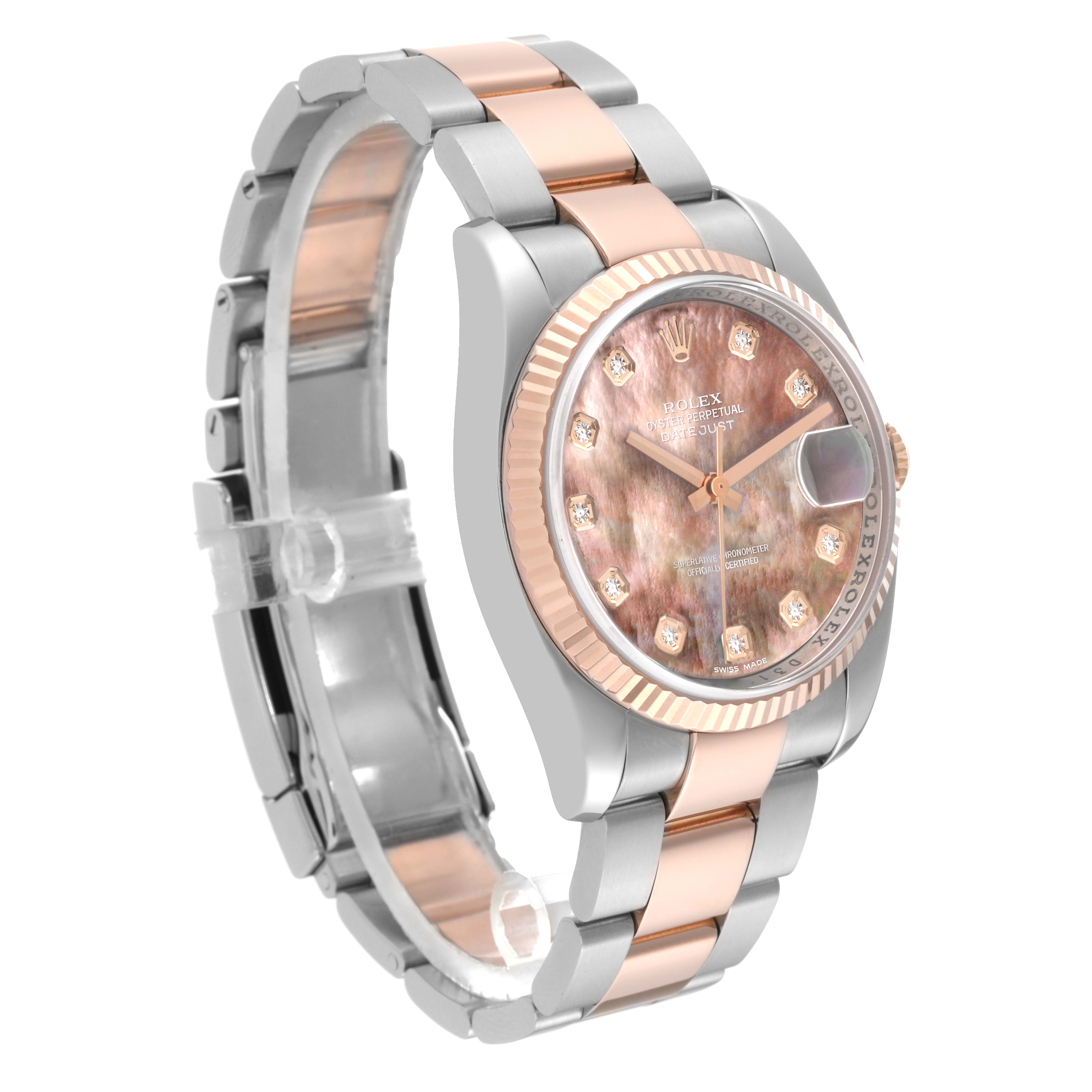 The image shows a Rolex Datejust 116231 Men's Steel and Gold (two tone) Mother of Pearl Dial 116231 Men's Steel and Gold (two tone) Mother of Pearl Dial watch from a three-quarter angle highlighting its dial, fluted bezel, and two-tone bracelet.