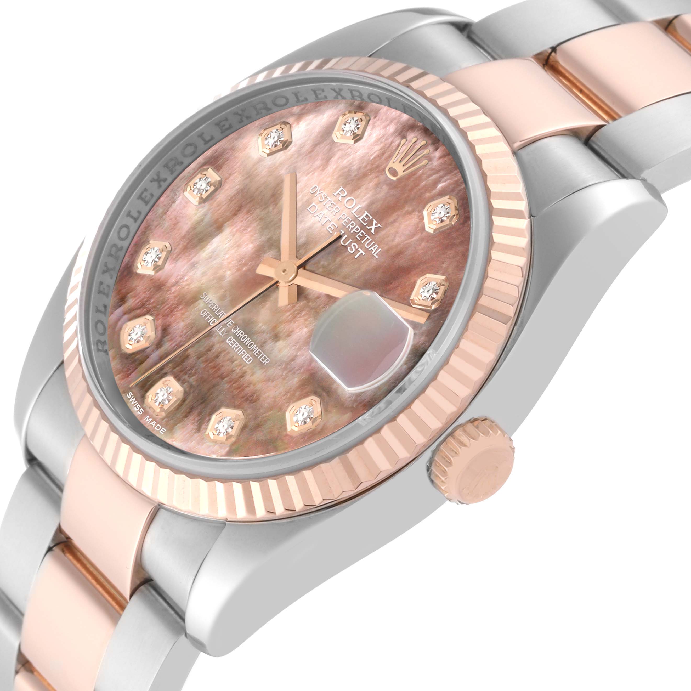 This image shows a side angle of a Rolex Datejust 116231 Men's Steel and Gold (two tone) Mother of Pearl Dial 116231 Men's Steel and Gold (two tone) Mother of Pearl Dial watch, highlighting the case, bezel, crown, and part of the bracelet.