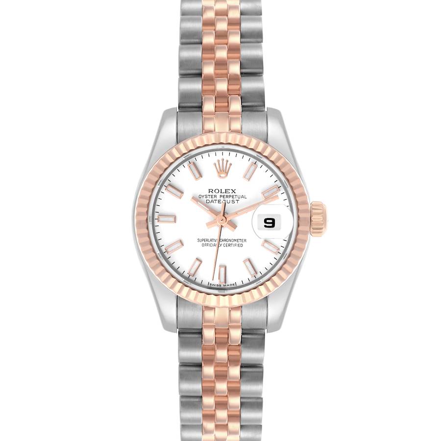 The Rolex Datejust model is shown from a front angle, displaying the dial, bezel, bracelet, and date function.